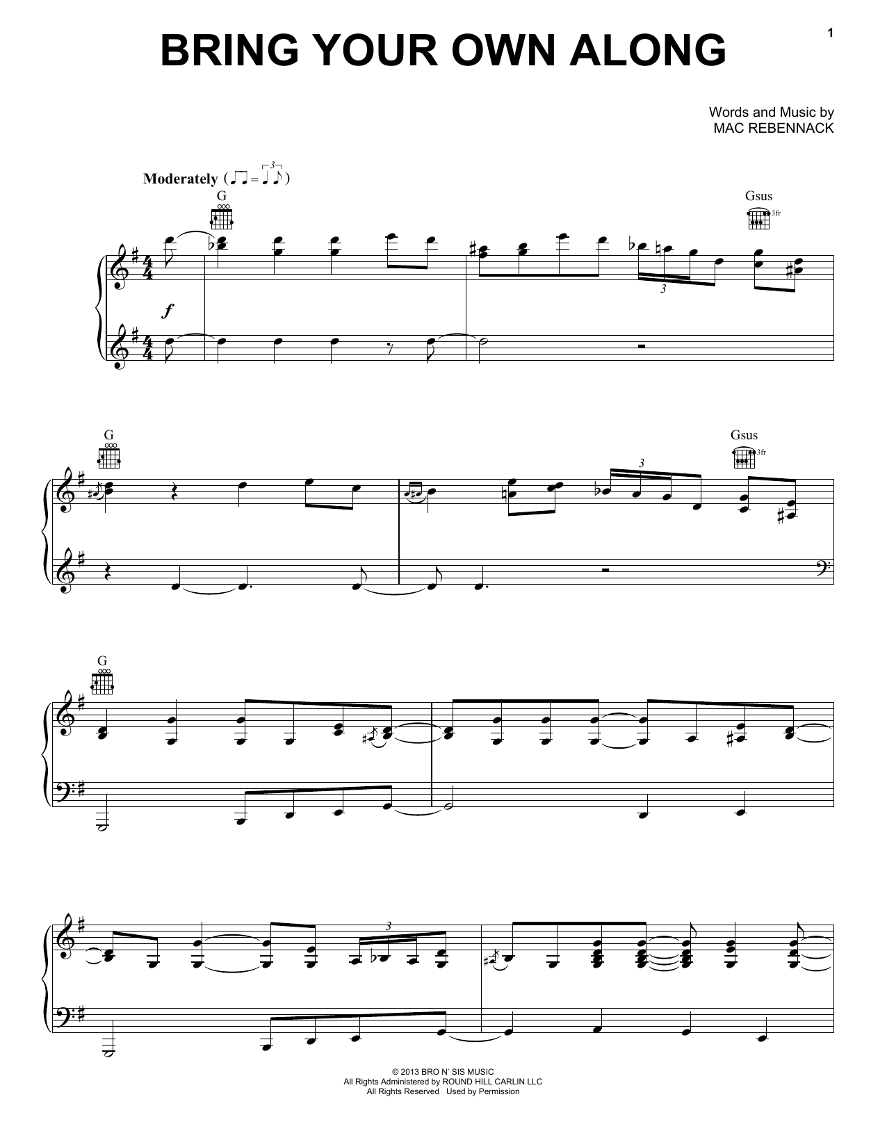 Dr. John Bring Your Own Along sheet music notes and chords arranged for Piano, Vocal & Guitar Chords (Right-Hand Melody)