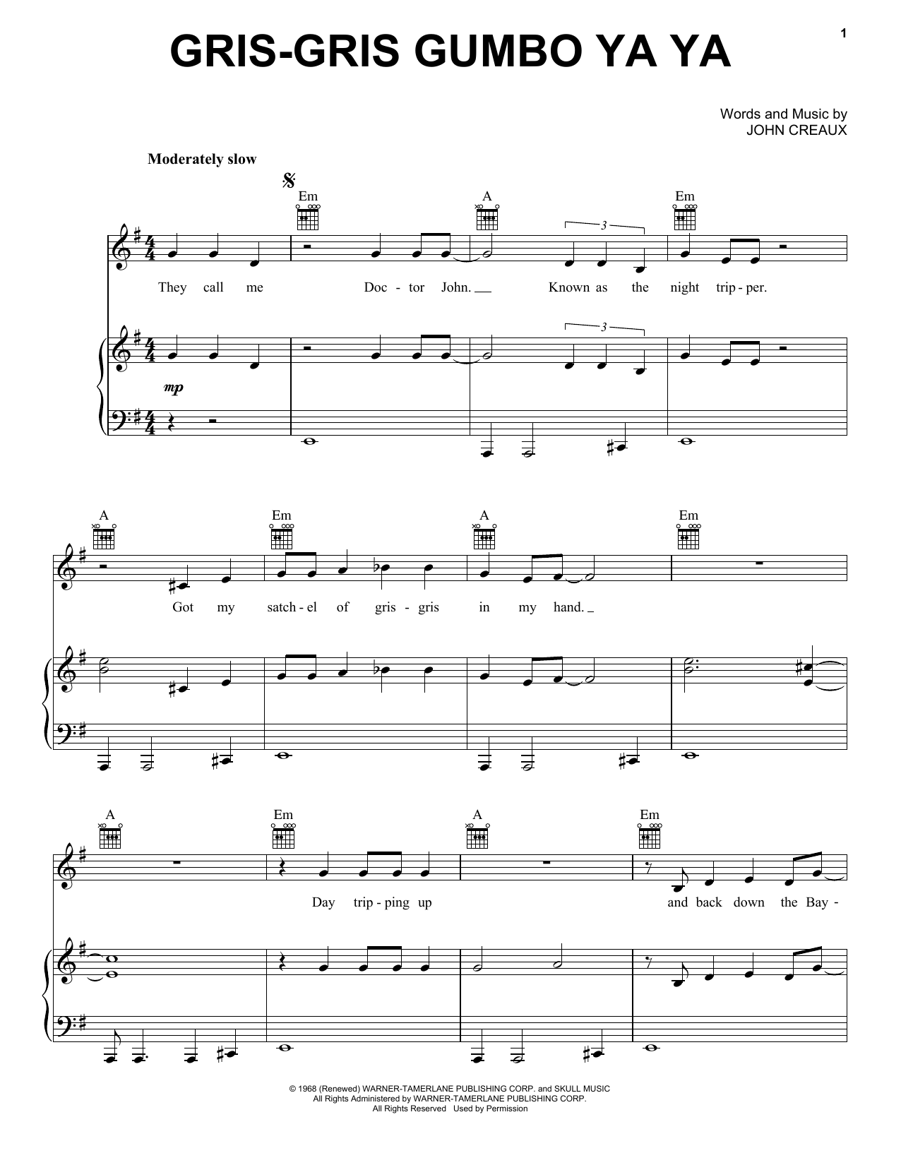 Dr. John Gris-Gris Gumbo Ya Ya sheet music notes and chords arranged for Piano, Vocal & Guitar Chords (Right-Hand Melody)