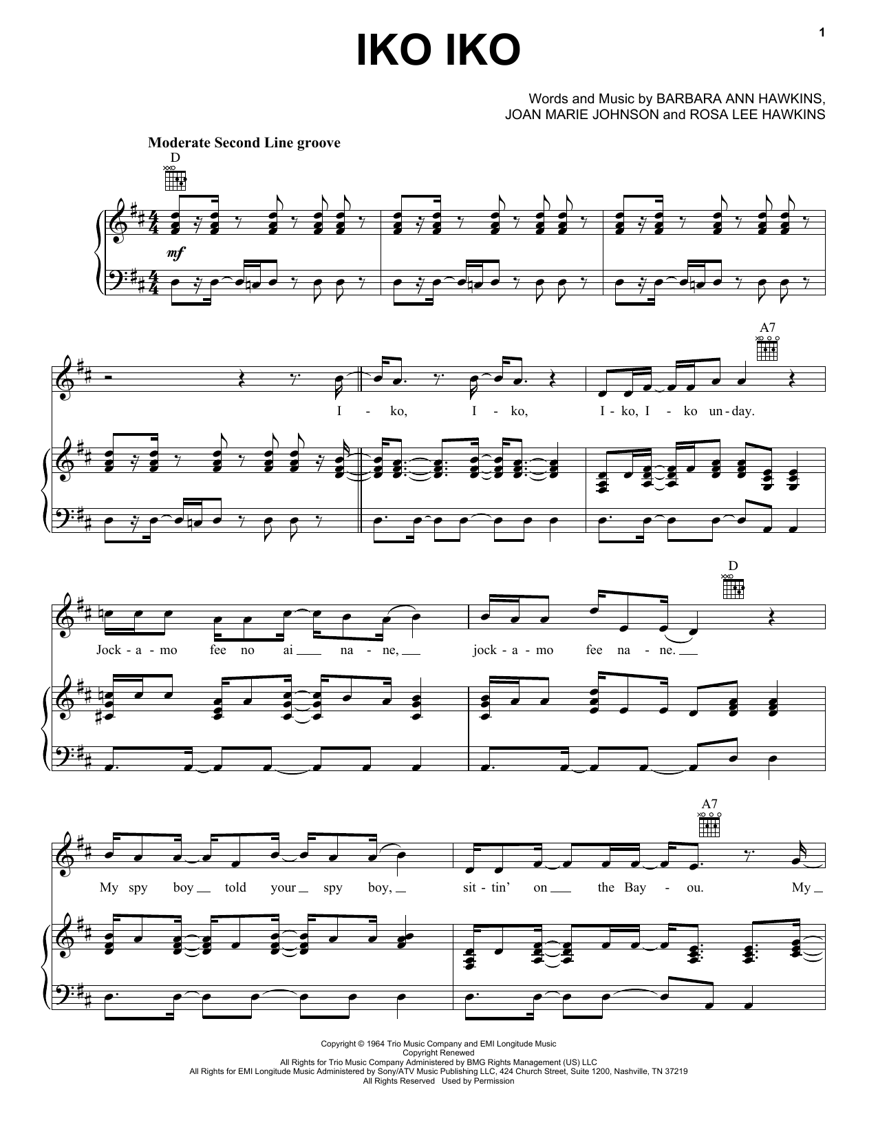 Dr. John Iko Iko sheet music notes and chords arranged for Piano, Vocal & Guitar Chords (Right-Hand Melody)