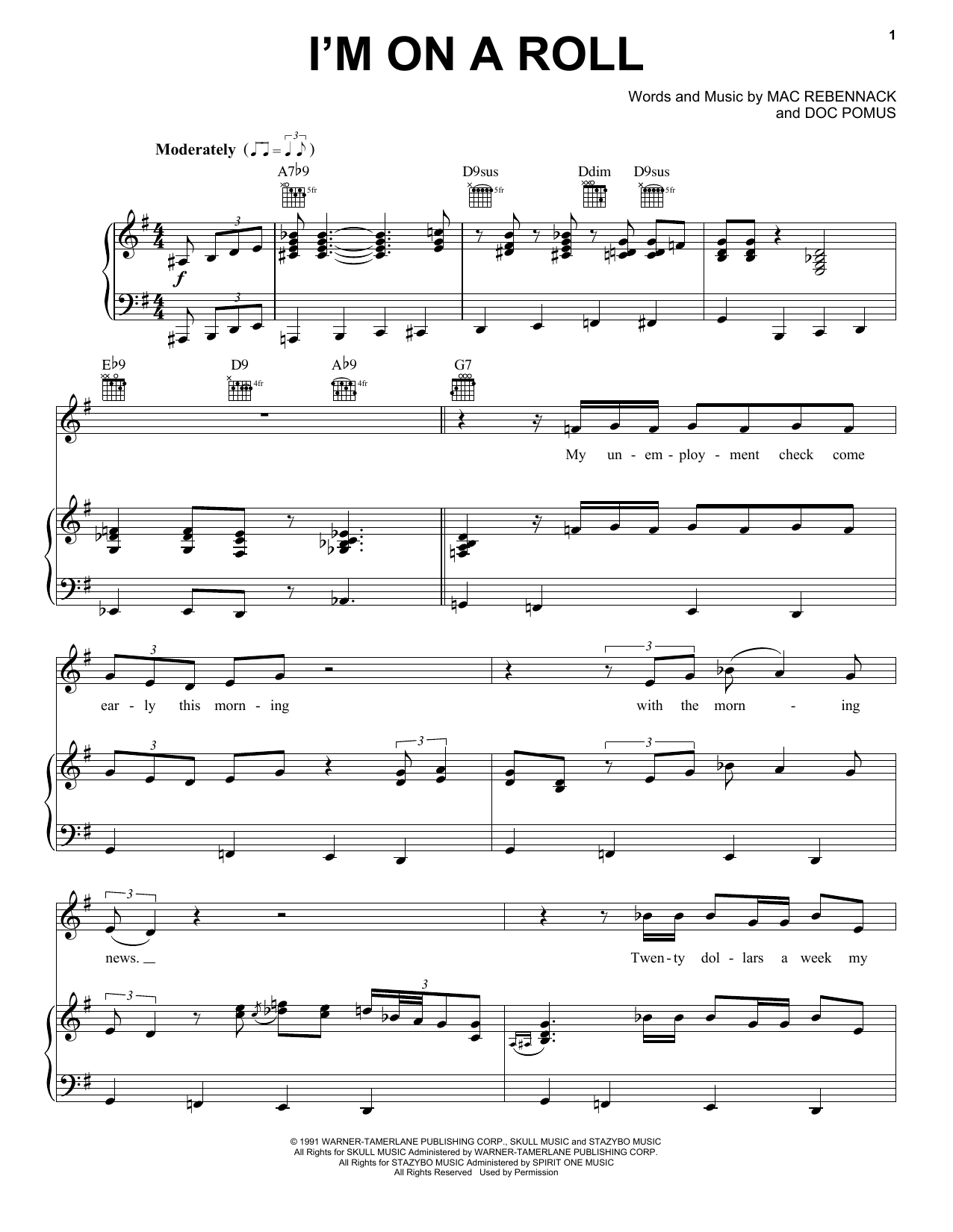 Dr. John I'm On A Roll sheet music notes and chords arranged for Piano, Vocal & Guitar Chords (Right-Hand Melody)