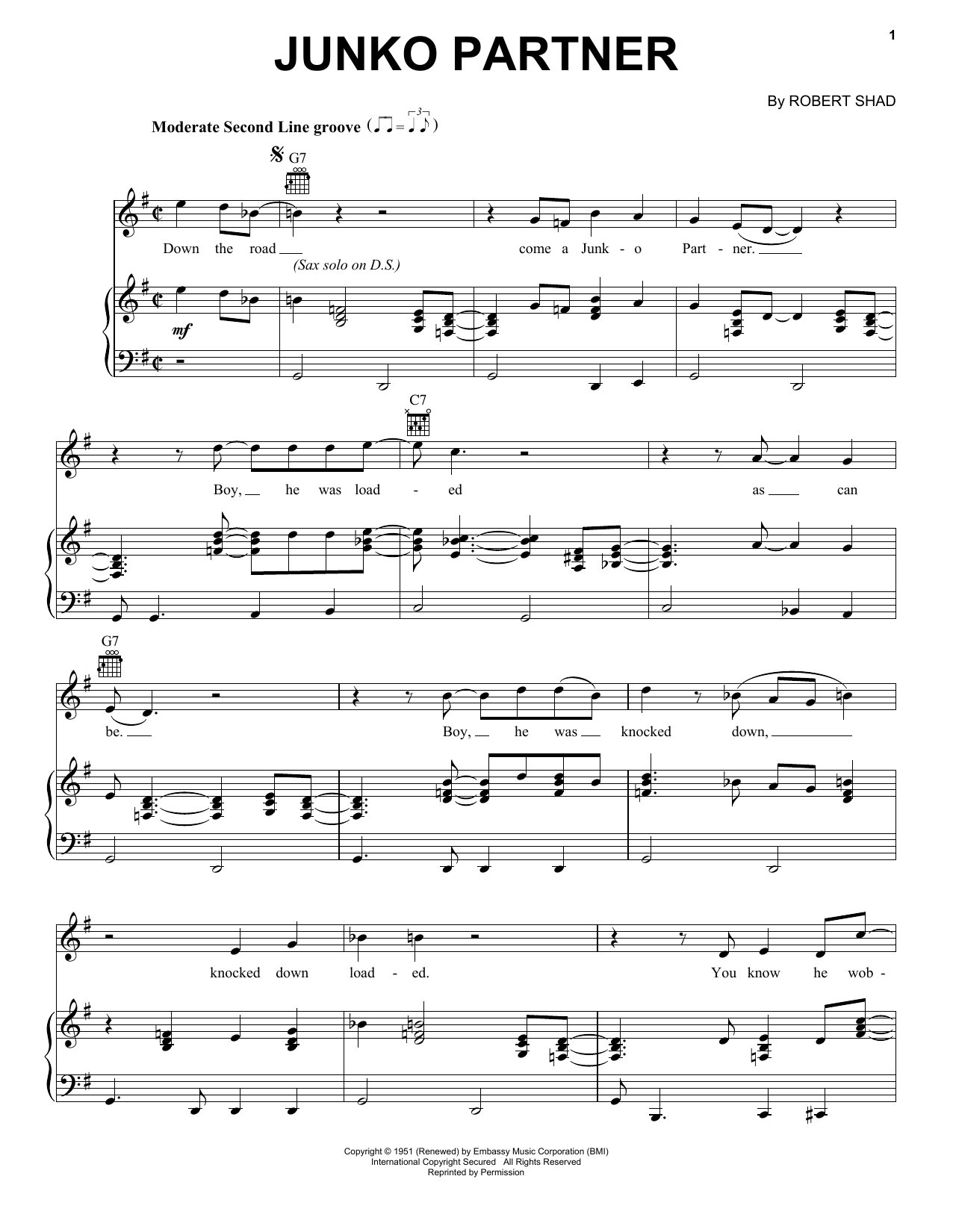 Dr. John Junko Partner sheet music notes and chords arranged for Piano, Vocal & Guitar Chords (Right-Hand Melody)