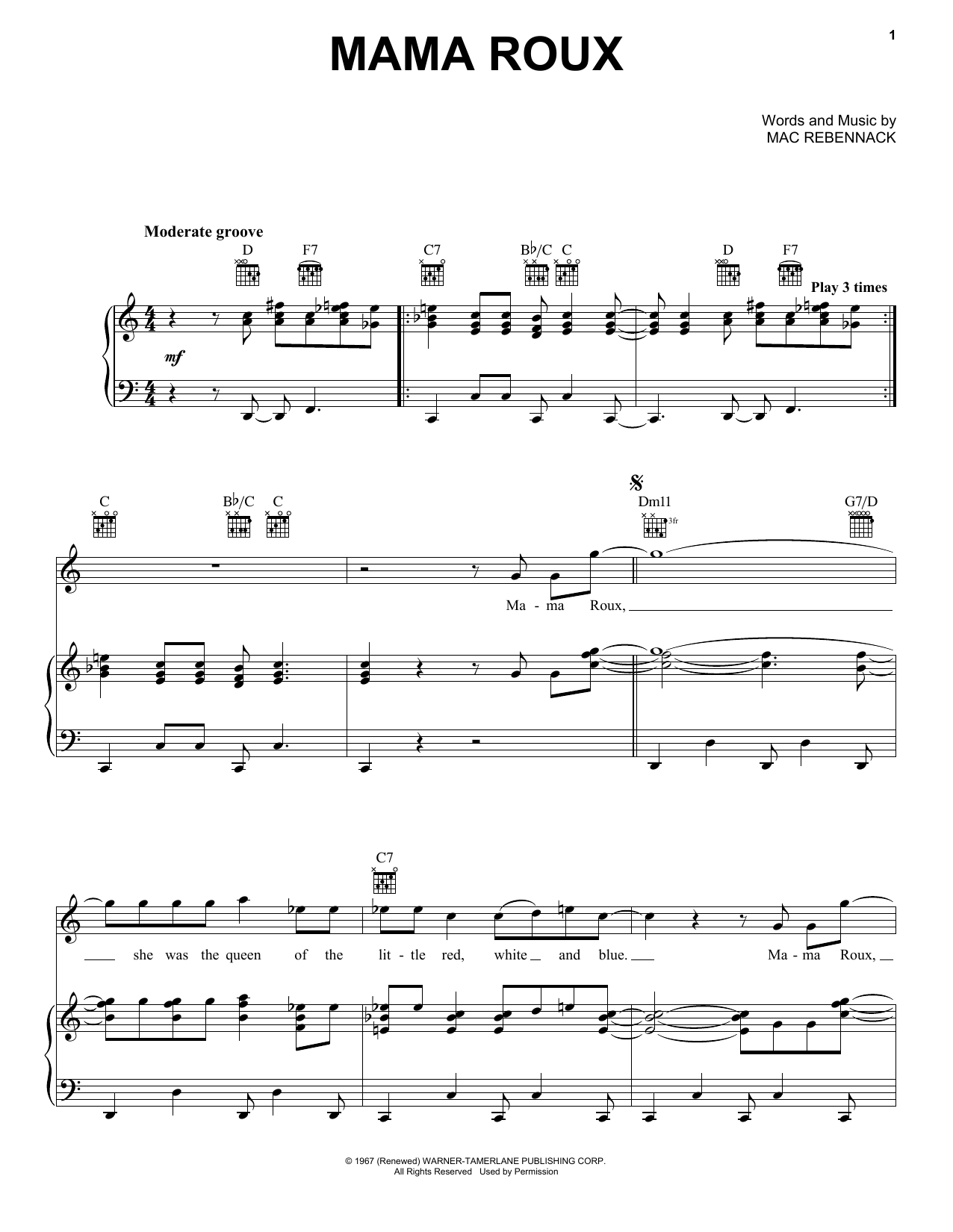 Dr. John Mama Roux sheet music notes and chords arranged for Piano, Vocal & Guitar Chords (Right-Hand Melody)