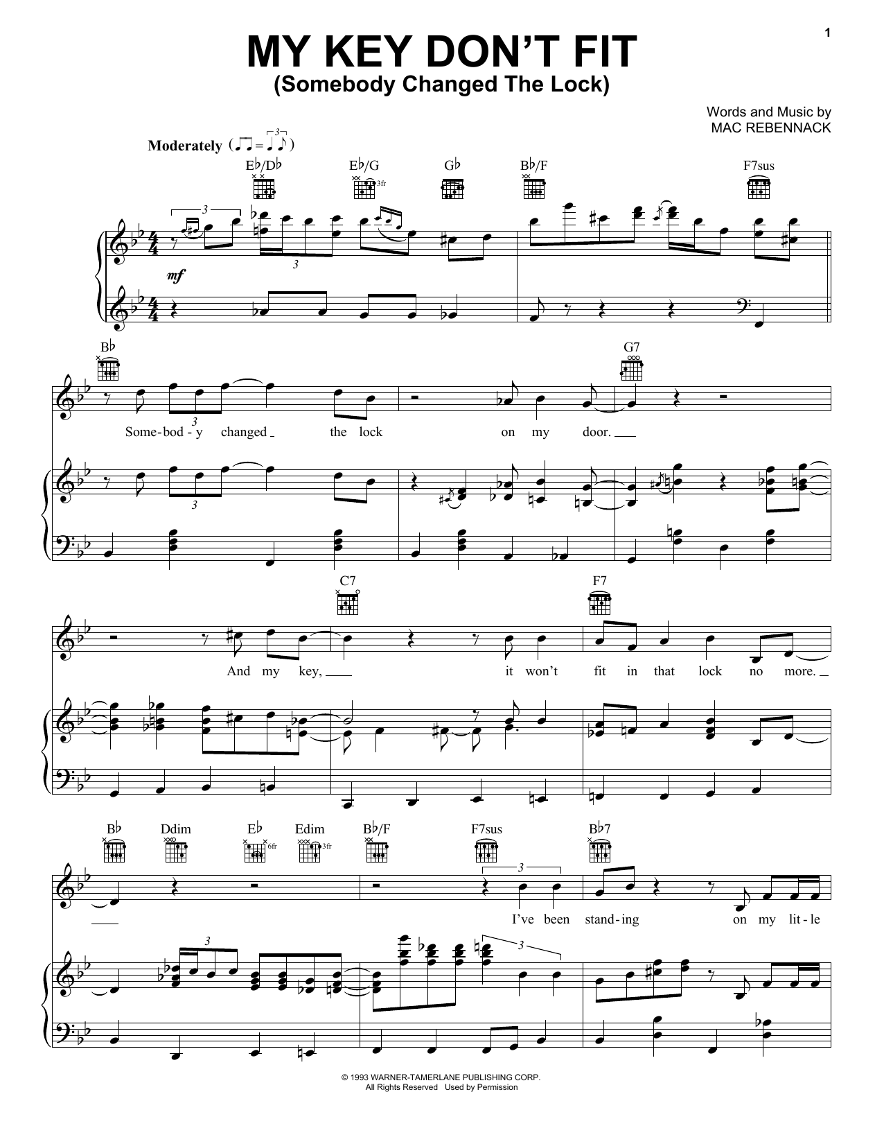 Dr. John My Key Don't Fit (Somebody Changed The Lock) sheet music notes and chords arranged for Piano, Vocal & Guitar Chords (Right-Hand Melody)