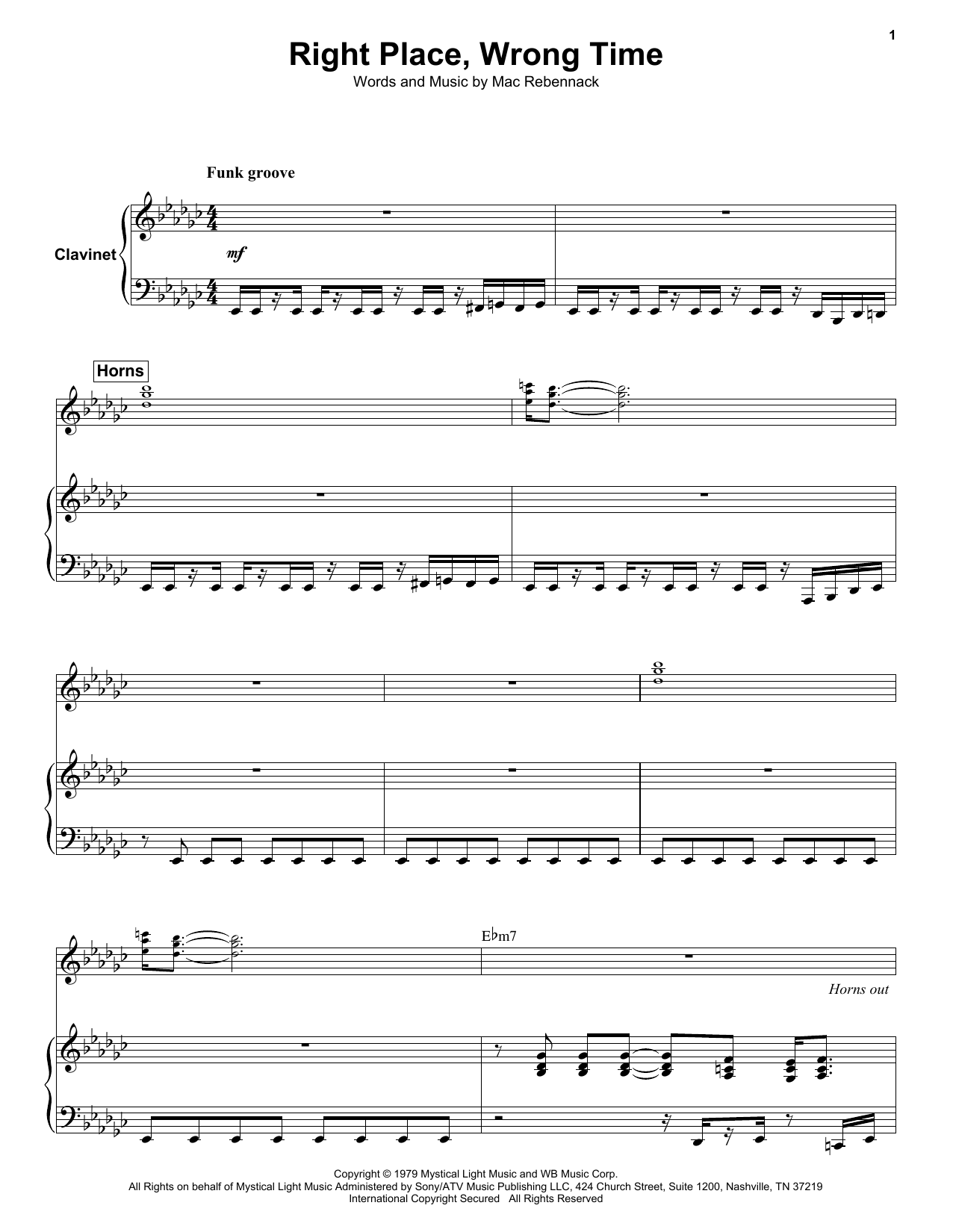Dr. John Right Place, Wrong Time sheet music notes and chords arranged for Very Easy Piano