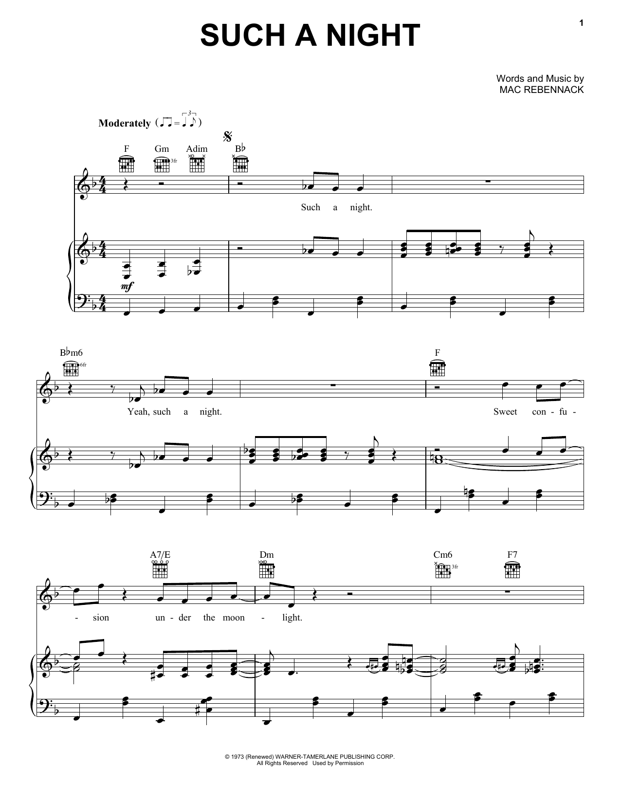 Dr. John Such A Night sheet music notes and chords arranged for Piano, Vocal & Guitar Chords (Right-Hand Melody)