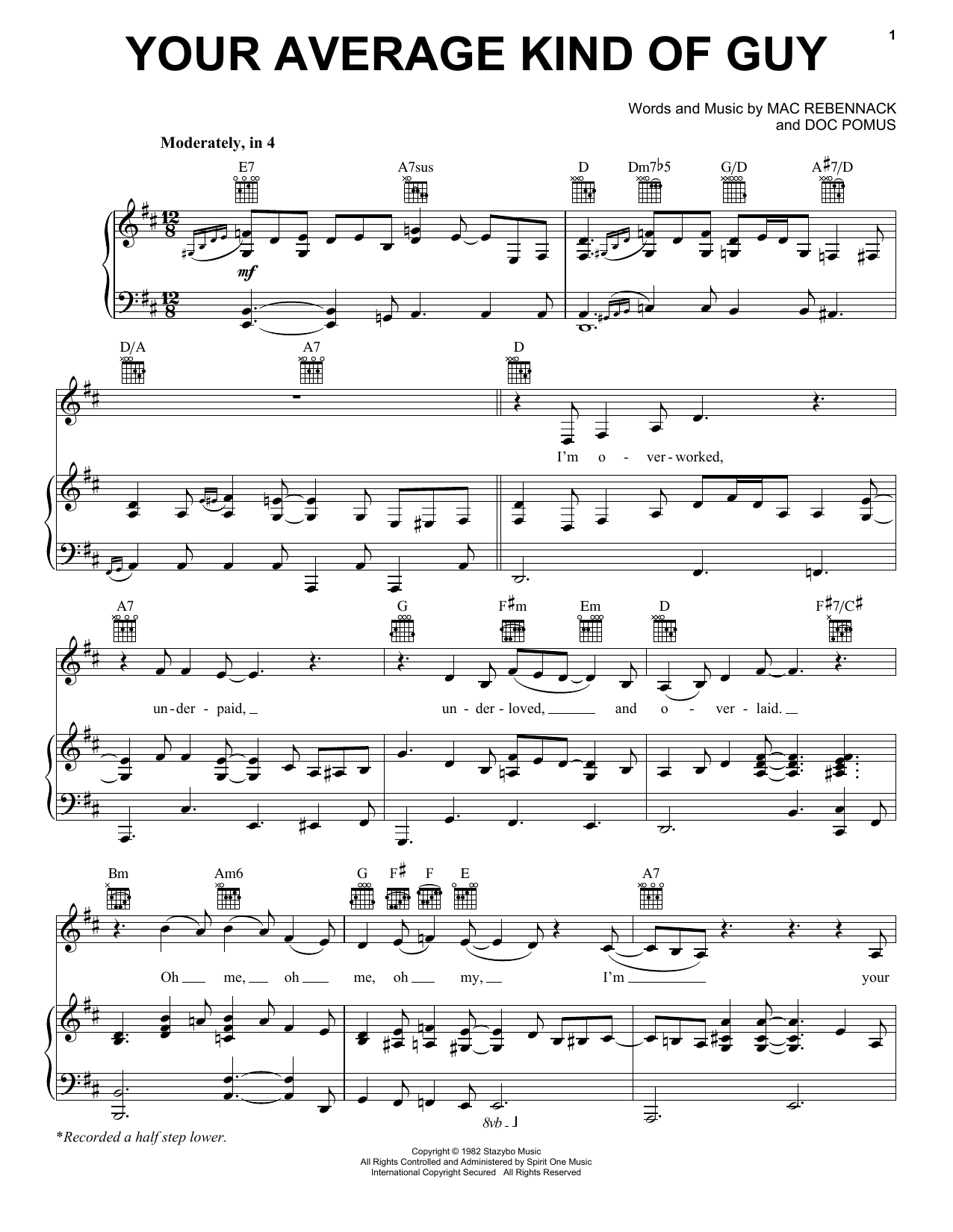 Dr. John Your Average Kind Of Guy sheet music notes and chords arranged for Piano, Vocal & Guitar Chords (Right-Hand Melody)