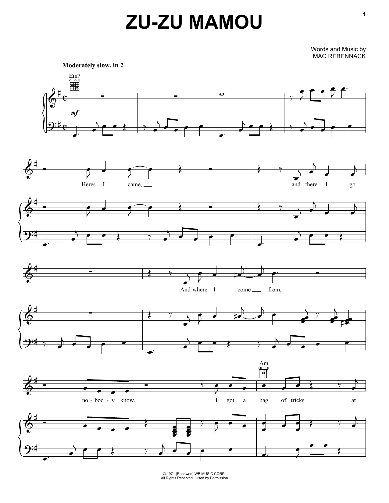 Dr. John Zu-Zu Mamou sheet music notes and chords arranged for Piano, Vocal & Guitar Chords (Right-Hand Melody)