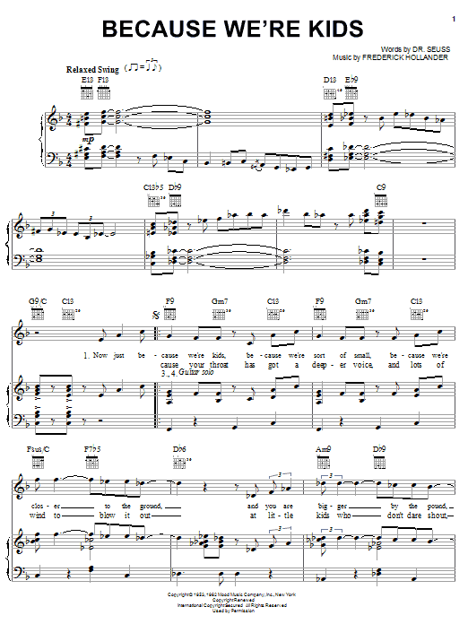 Dr. Seuss Because We're Kids sheet music notes and chords arranged for Piano, Vocal & Guitar Chords (Right-Hand Melody)