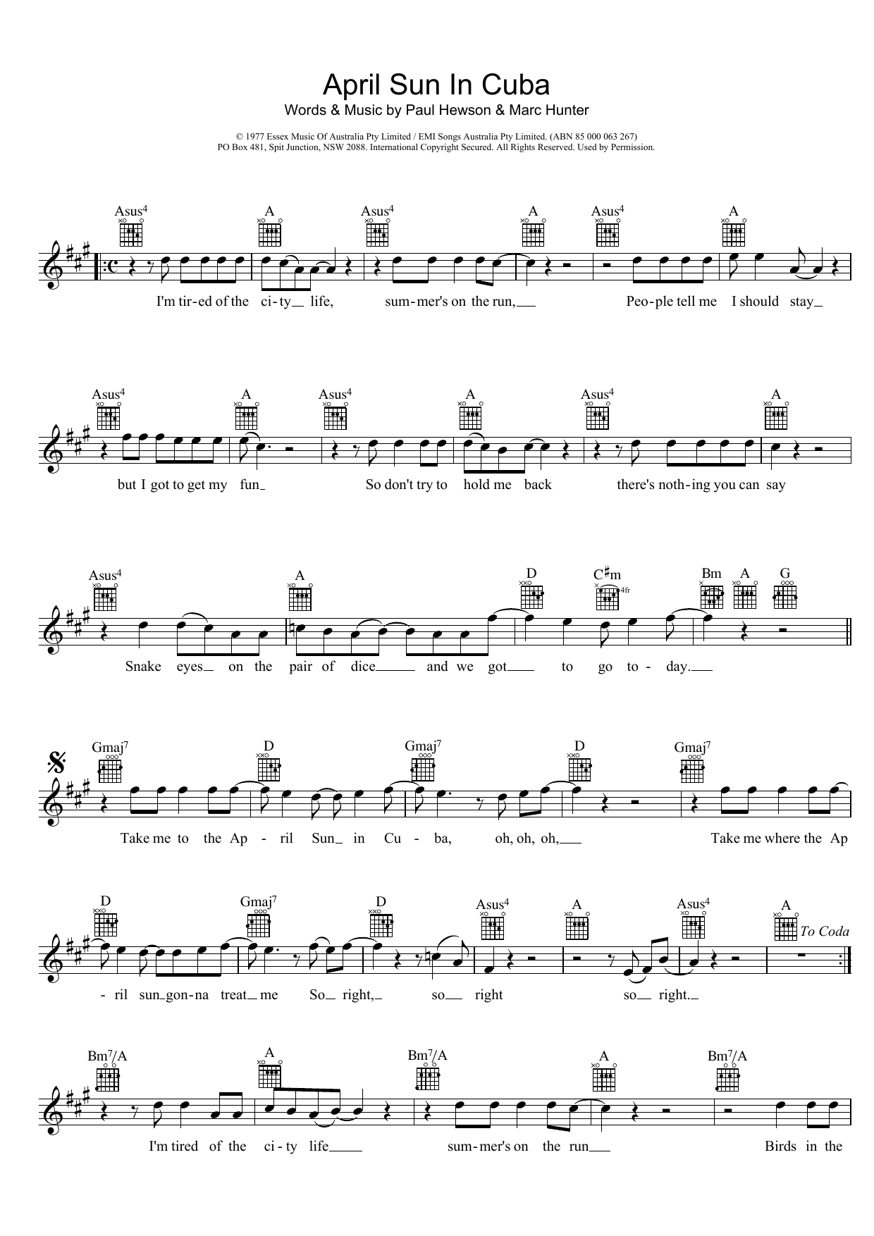 Dragon April Sun In Cuba sheet music notes and chords arranged for Lead Sheet / Fake Book