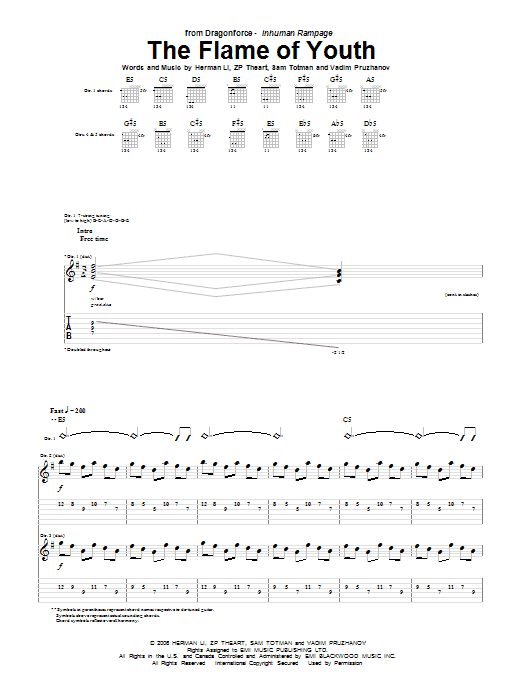 Dragonforce The Flame Of Youth sheet music notes and chords arranged for Guitar Tab