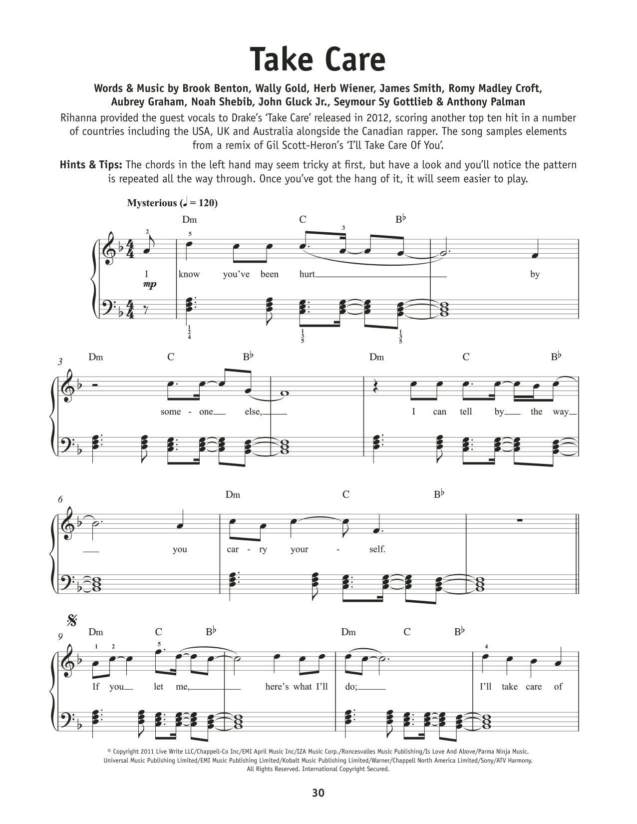 Drake and Rihanna Take Care sheet music notes and chords arranged for Really Easy Piano