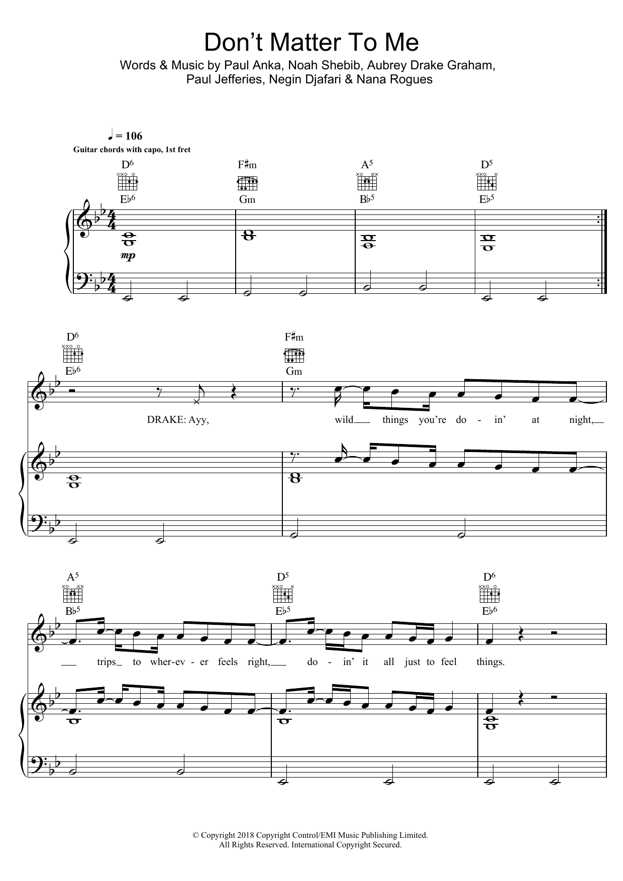 Drake Don't Matter To Me (featuring Michael Jackson) sheet music notes and chords arranged for Piano, Vocal & Guitar Chords