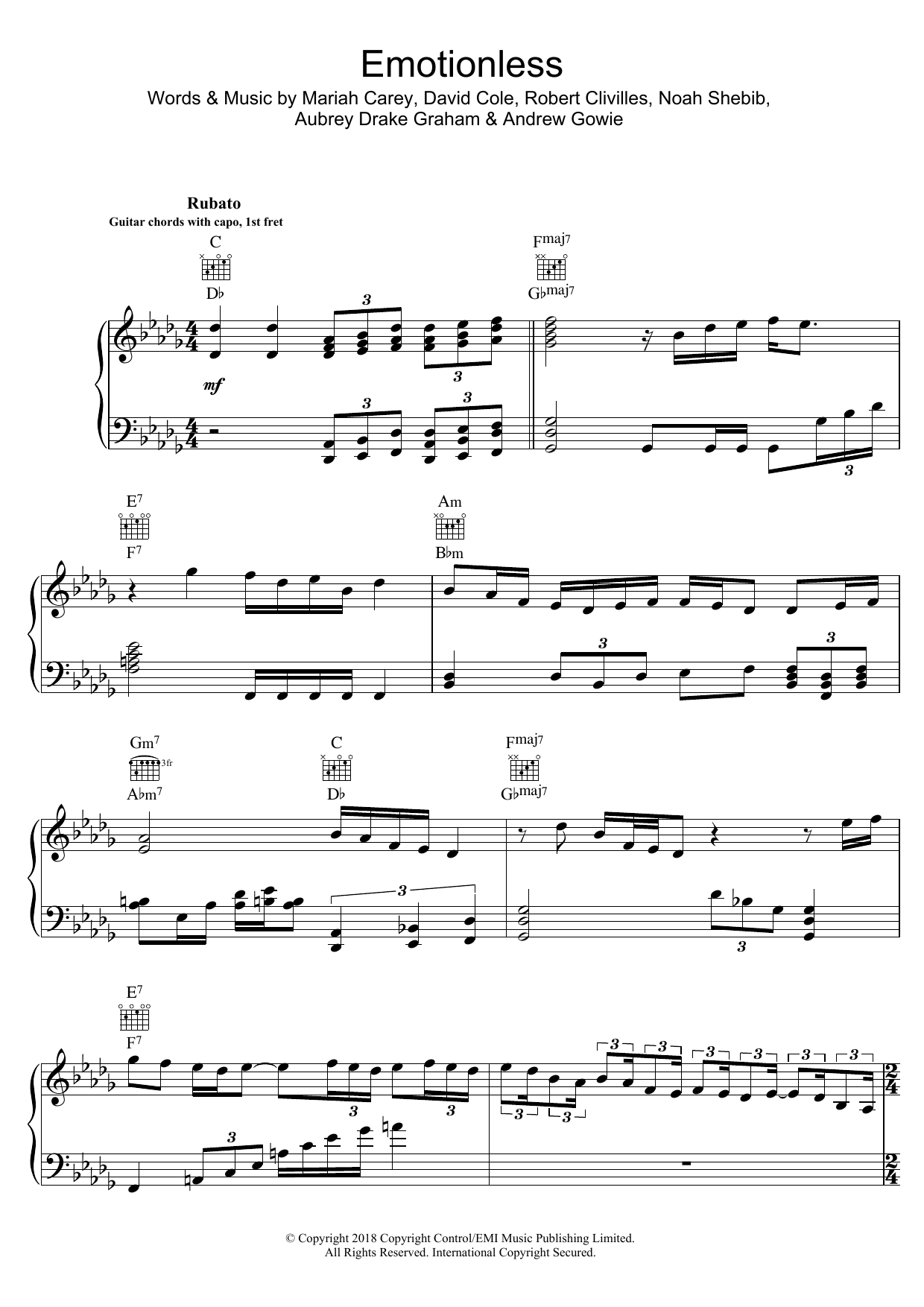 Drake Emotionless sheet music notes and chords arranged for Piano, Vocal & Guitar Chords