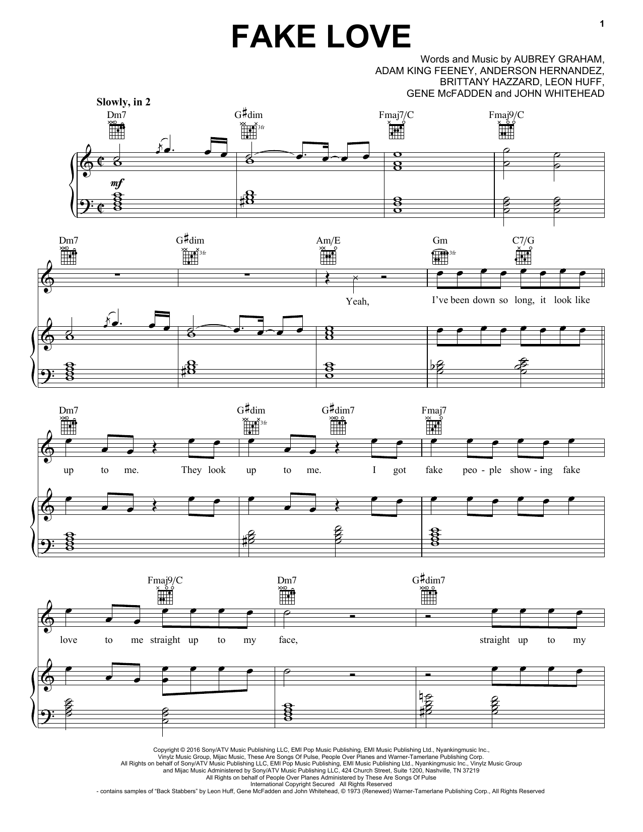Drake Fake Love sheet music notes and chords arranged for Piano, Vocal & Guitar Chords (Right-Hand Melody)