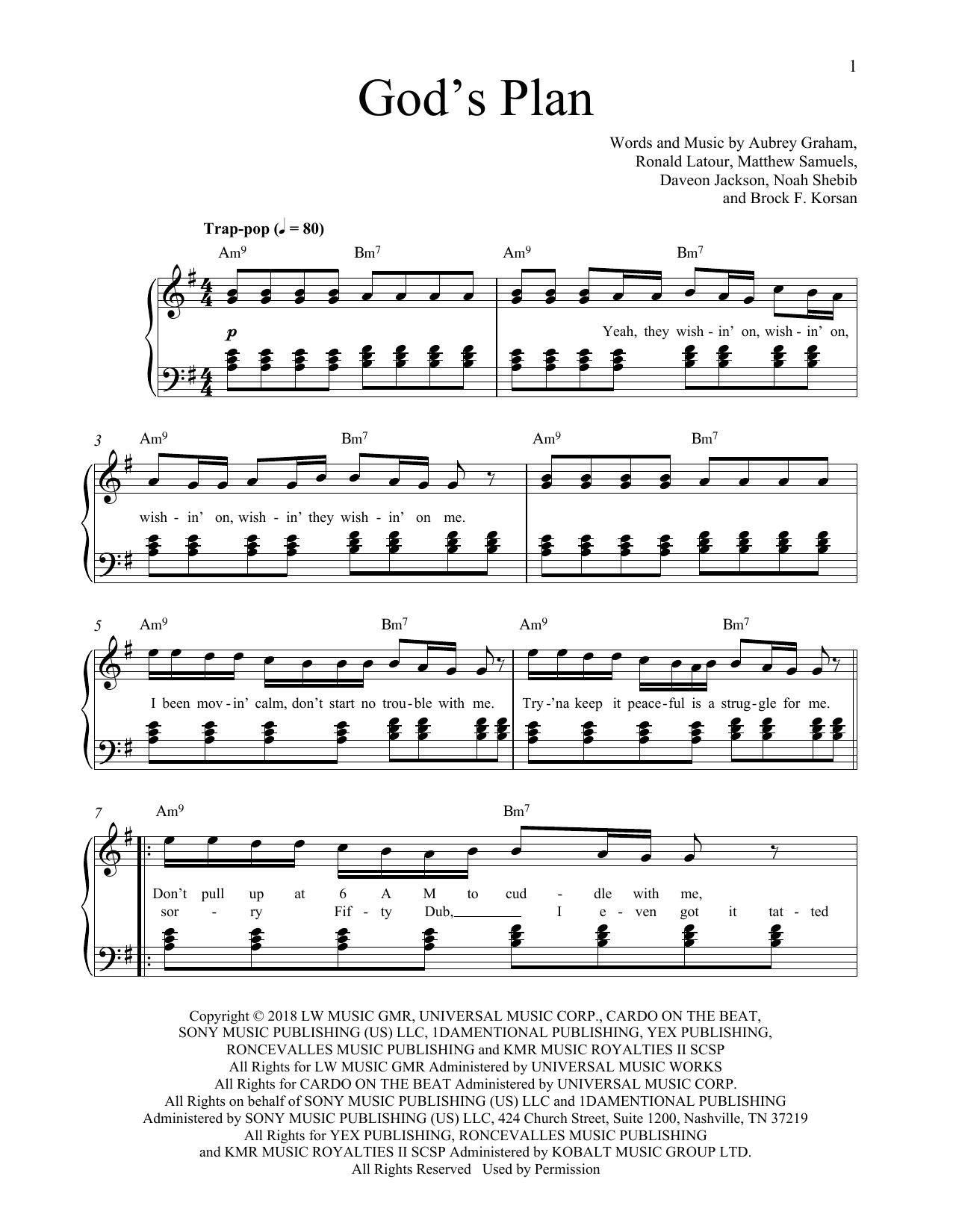 Drake God's Plan sheet music notes and chords arranged for Piano, Vocal & Guitar Chords (Right-Hand Melody)