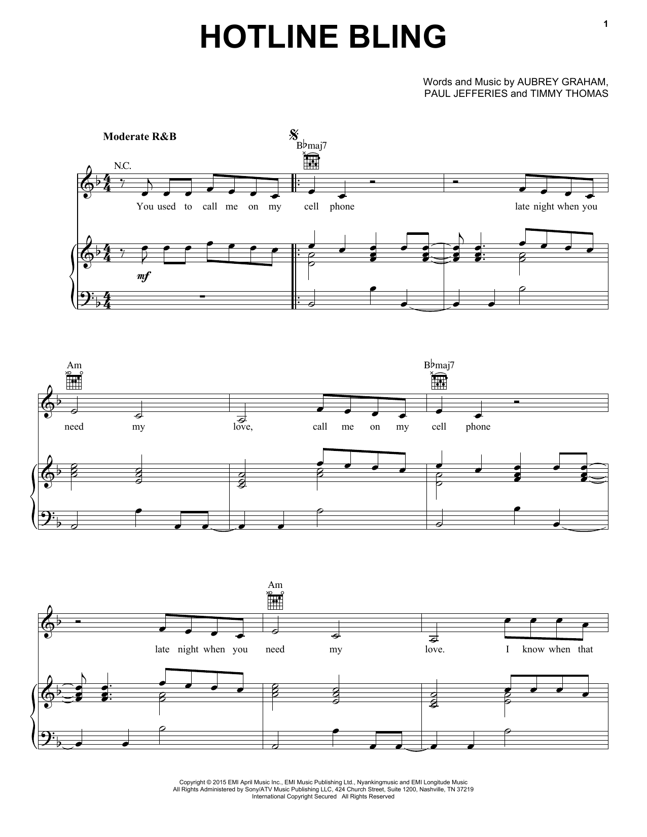 Drake Hotline Bling sheet music notes and chords arranged for Piano, Vocal & Guitar Chords (Right-Hand Melody)