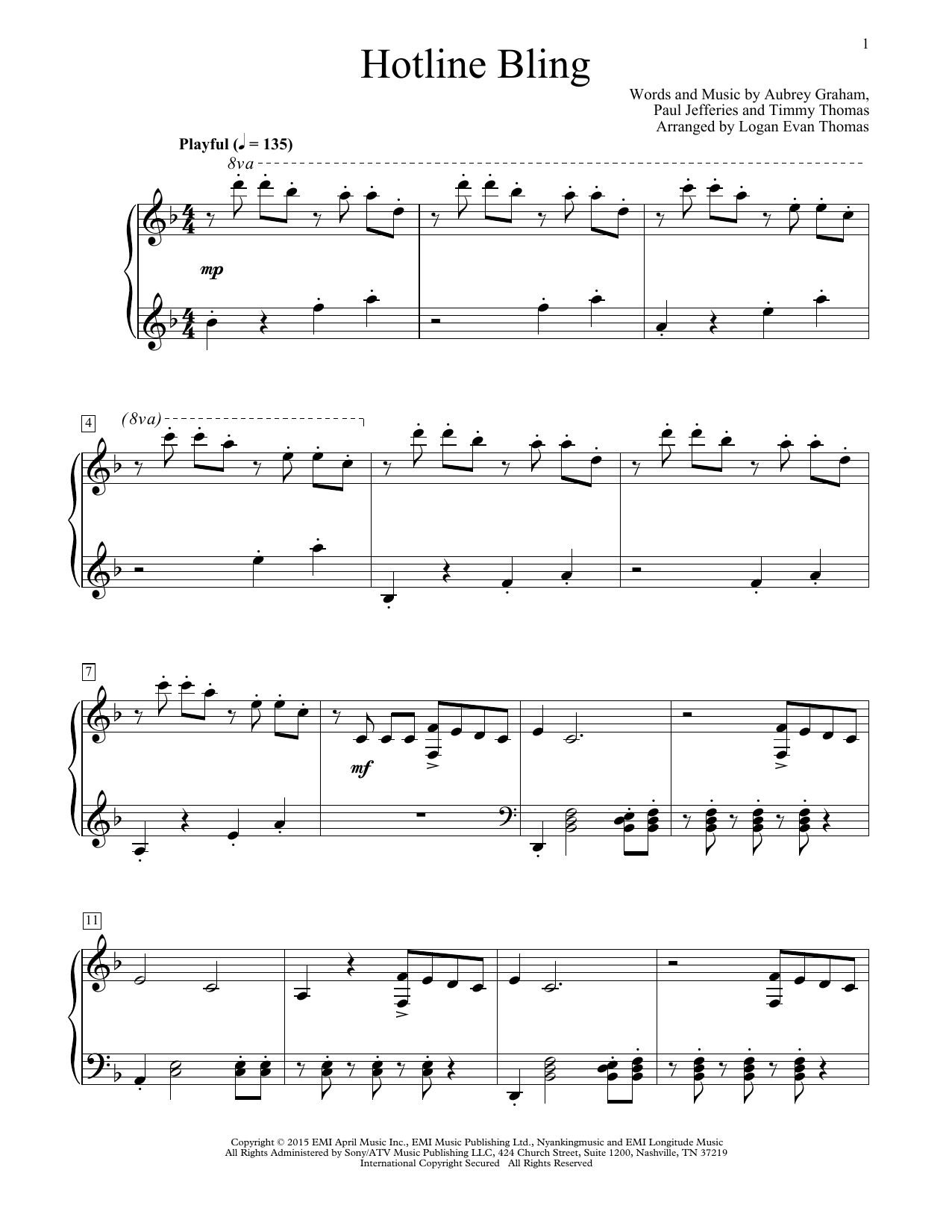 Drake Hotline Bling (arr. Logan Evan Thomas) sheet music notes and chords arranged for Educational Piano