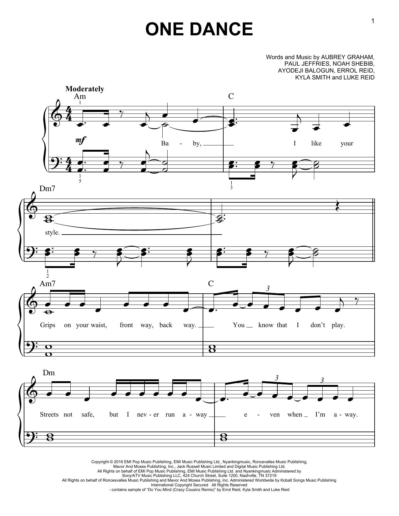 Drake One Dance (feat. Wizkid & Kyla) sheet music notes and chords arranged for Easy Piano