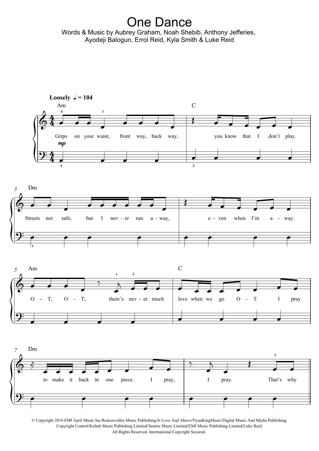 Drake One Dance sheet music notes and chords arranged for Piano, Vocal & Guitar Chords (Right-Hand Melody)