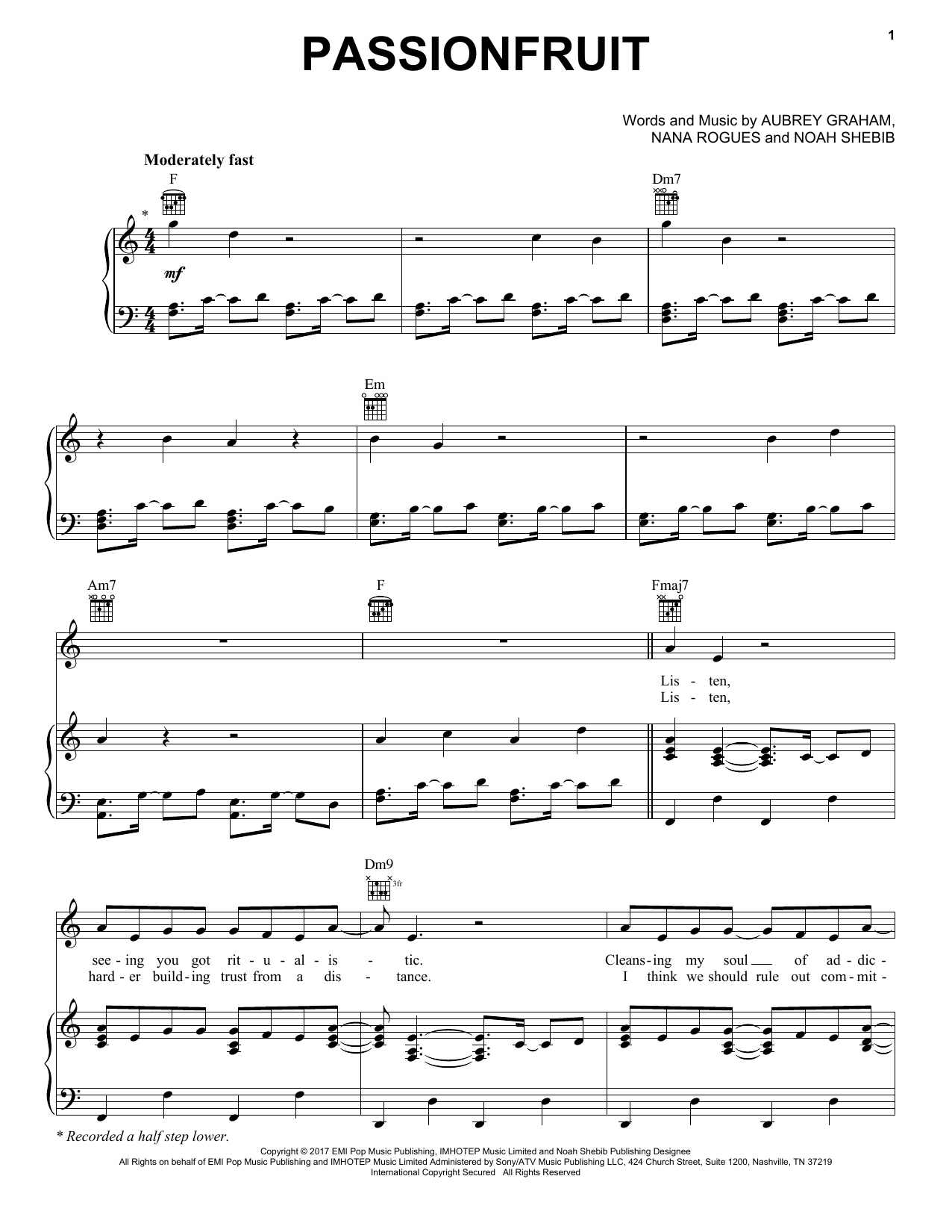 Drake Passionfruit sheet music notes and chords arranged for Piano, Vocal & Guitar Chords (Right-Hand Melody)