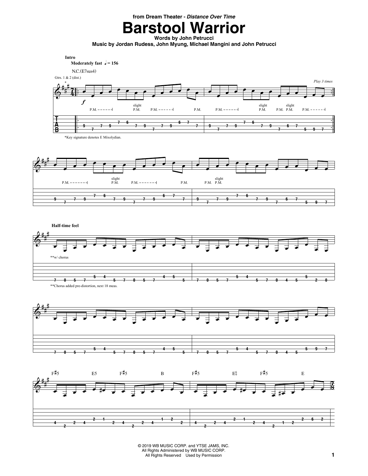 Dream Theater Barstool Warrior sheet music notes and chords arranged for Guitar Tab