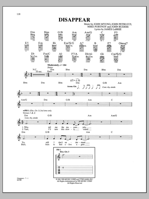 Dream Theater Disappear sheet music notes and chords arranged for Guitar Tab