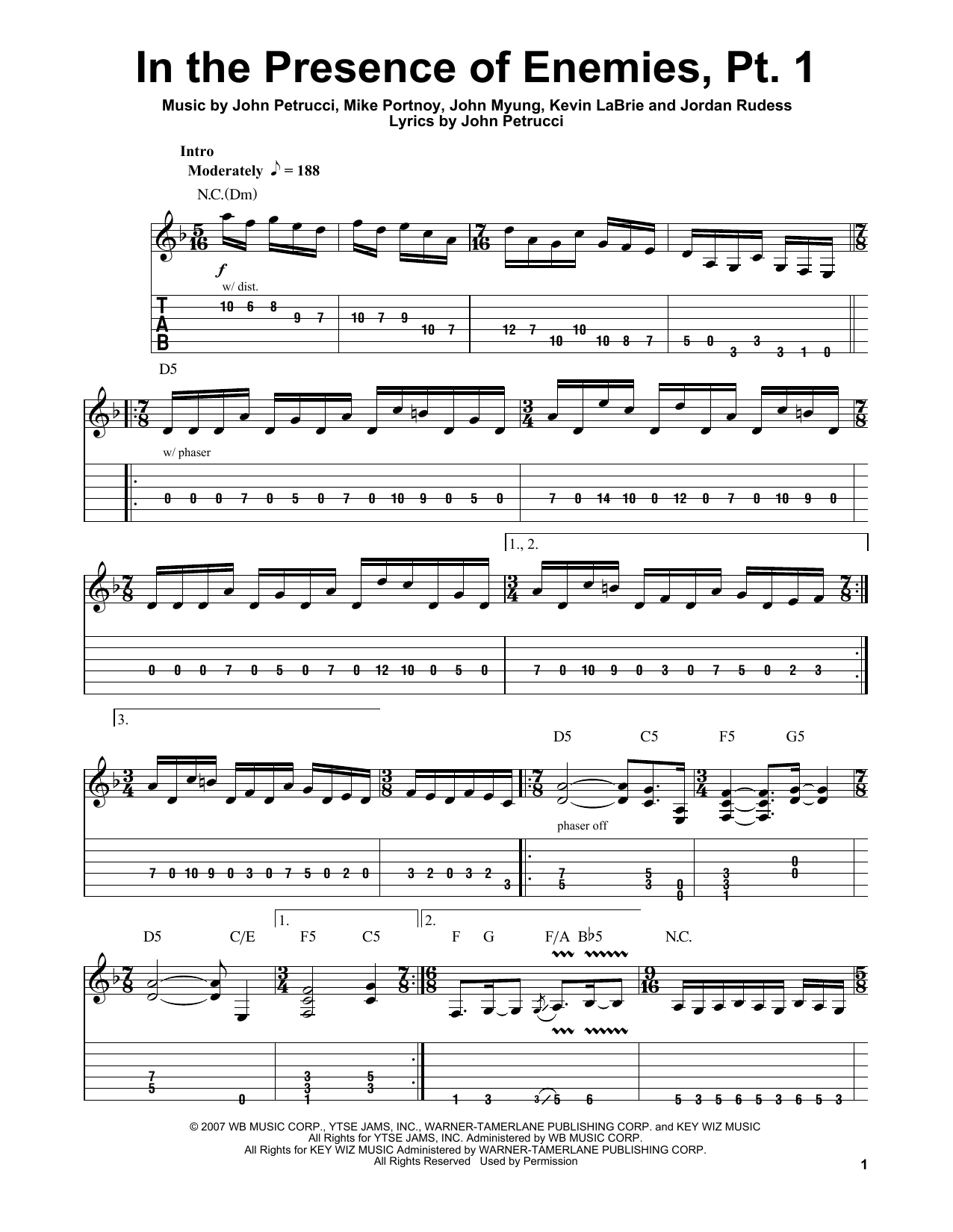 Dream Theater In The Presence Of Enemies - Part 1 sheet music notes and chords arranged for Bass Guitar Tab