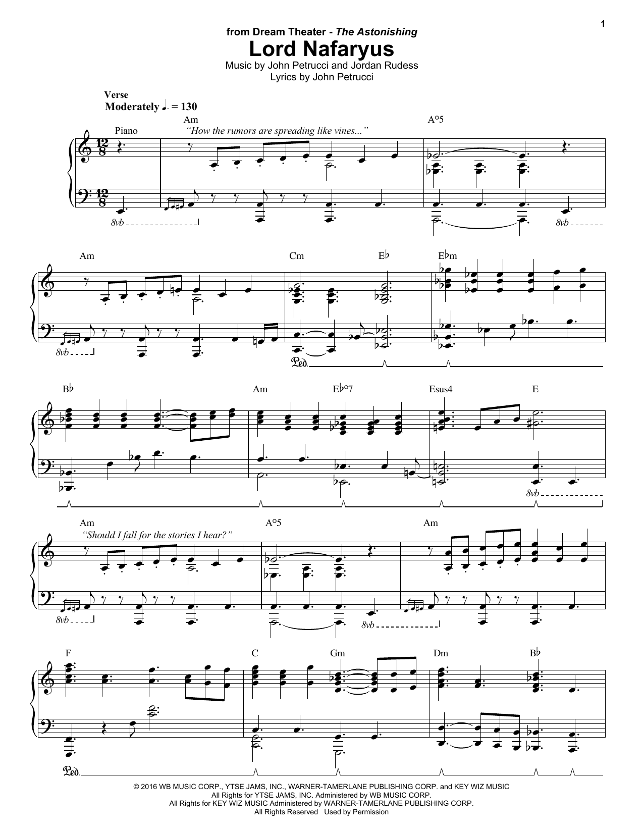 Dream Theater Lord Nafaryus sheet music notes and chords arranged for Keyboard Transcription