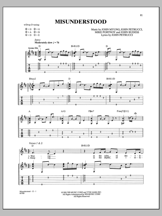 Dream Theater Misunderstood sheet music notes and chords arranged for Guitar Tab