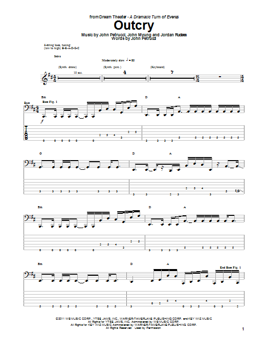 Dream Theater Outcry sheet music notes and chords arranged for Bass Guitar Tab
