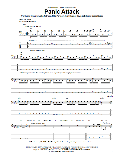 Dream Theater Panic Attack sheet music notes and chords arranged for Bass Guitar Tab