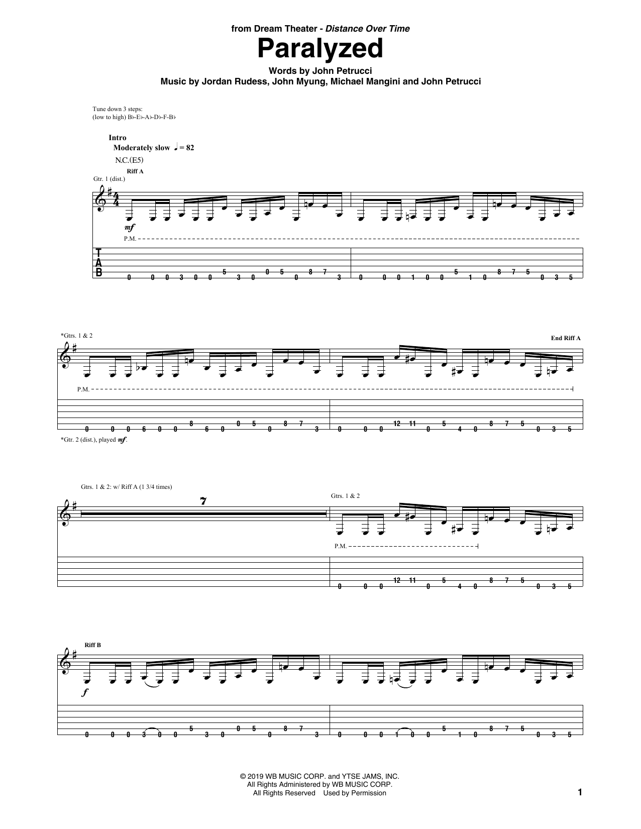 Dream Theater Paralyzed sheet music notes and chords arranged for Guitar Tab