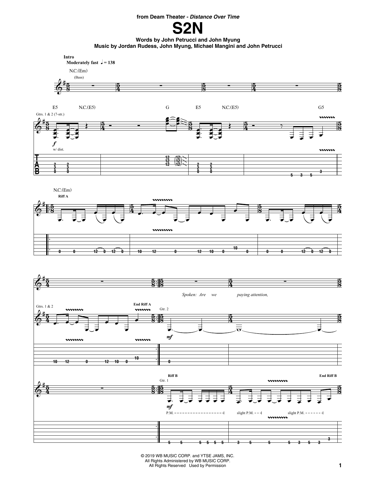 Dream Theater S2N sheet music notes and chords arranged for Guitar Tab