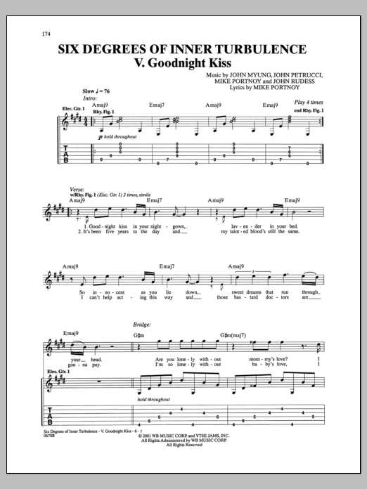 Dream Theater Six Degrees Of Inner Turbulence: V. Goodnight Kiss sheet music notes and chords arranged for Guitar Tab