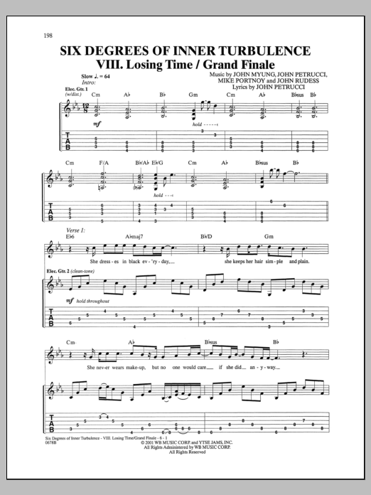 Dream Theater Six Degrees Of Inner Turbulence: VIII. Losing Time/Grand Finale sheet music notes and chords arranged for Guitar Tab