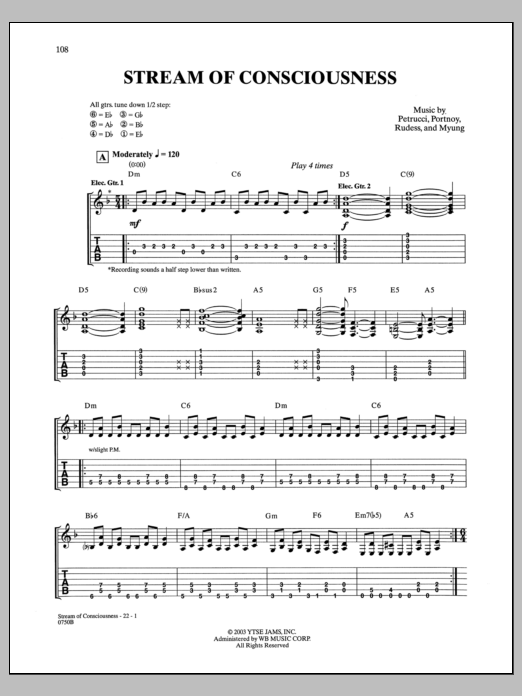Dream Theater Stream Of Consciousness sheet music notes and chords arranged for Bass Guitar Tab