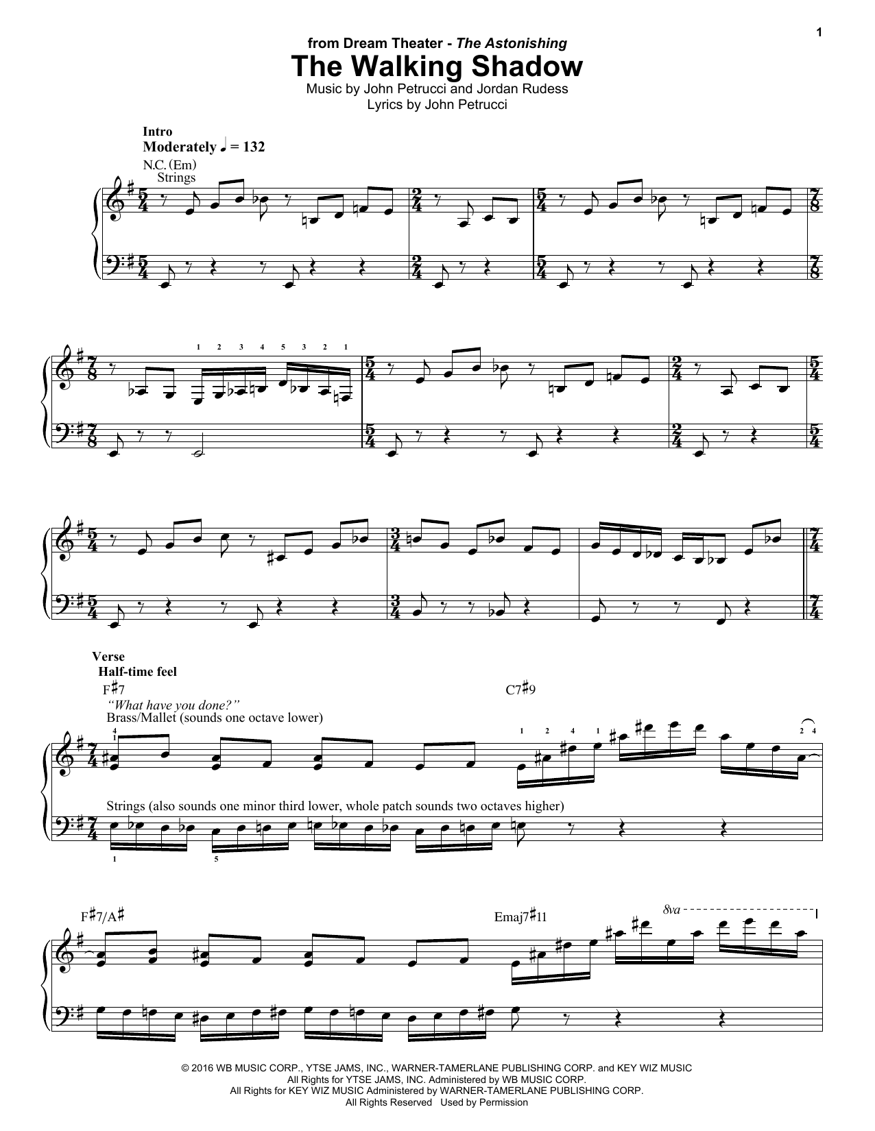 Dream Theater The Walking Shadow sheet music notes and chords arranged for Keyboard Transcription