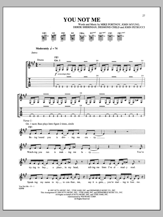 Dream Theater You Not Me sheet music notes and chords arranged for Guitar Tab
