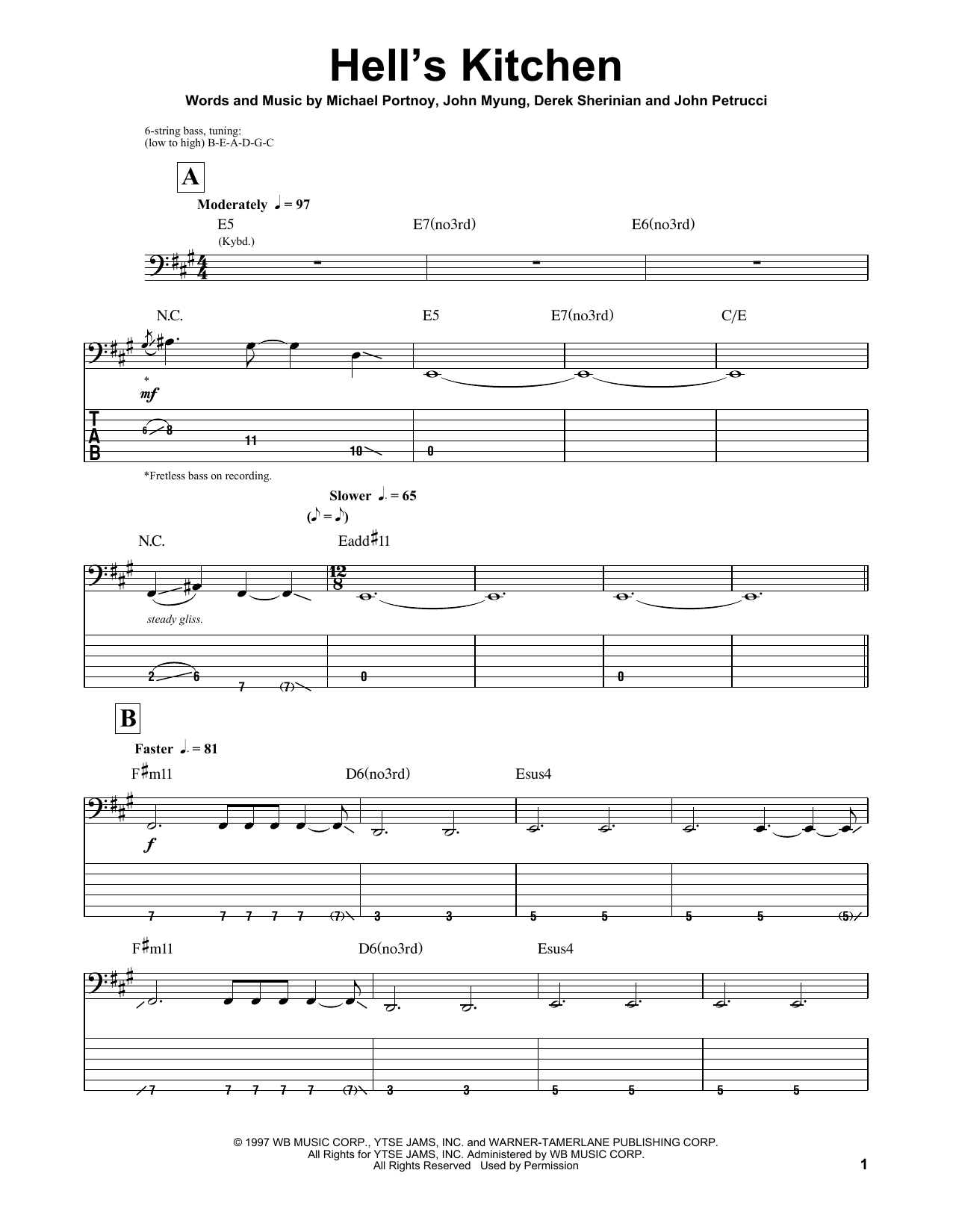 Dream Theater Hell's Kitchen sheet music notes and chords arranged for Bass Guitar Tab