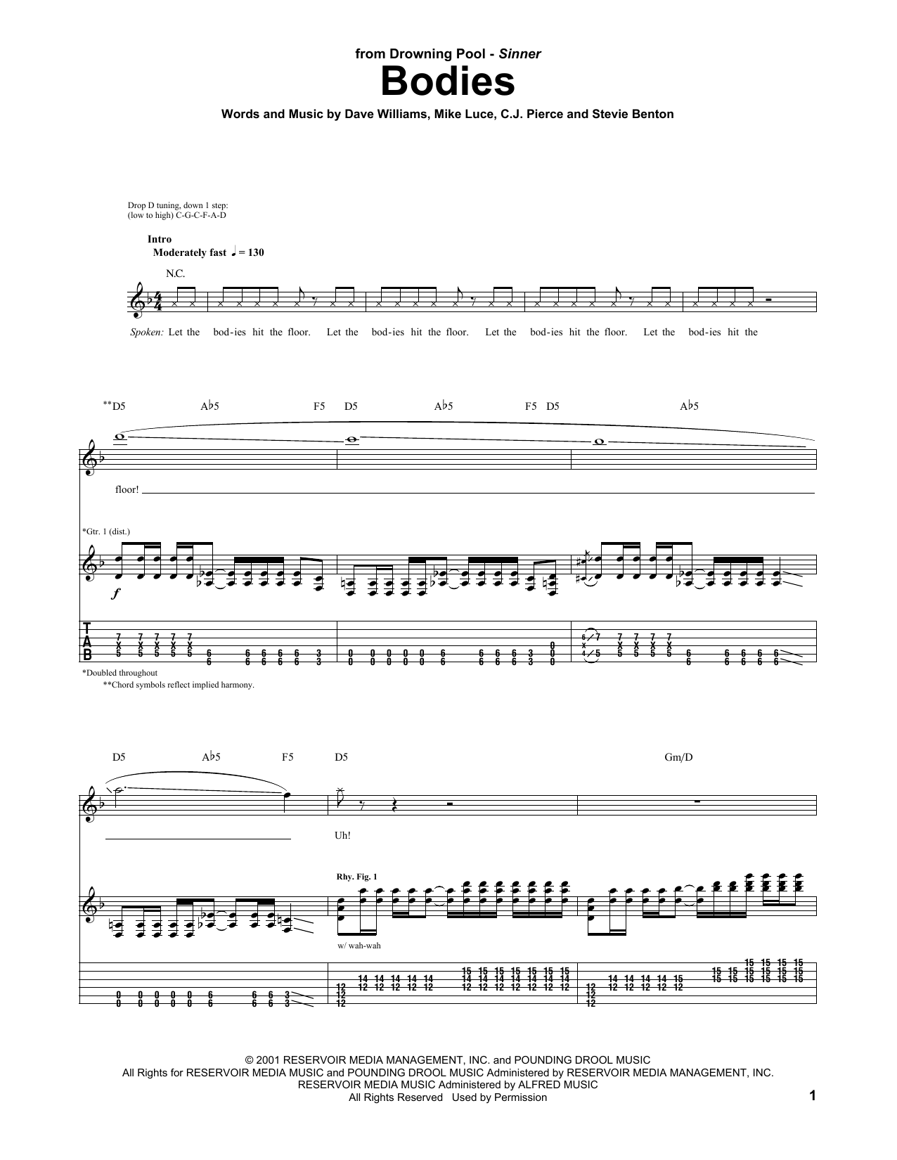 Drowning Pool Bodies sheet music notes and chords arranged for Guitar Tab