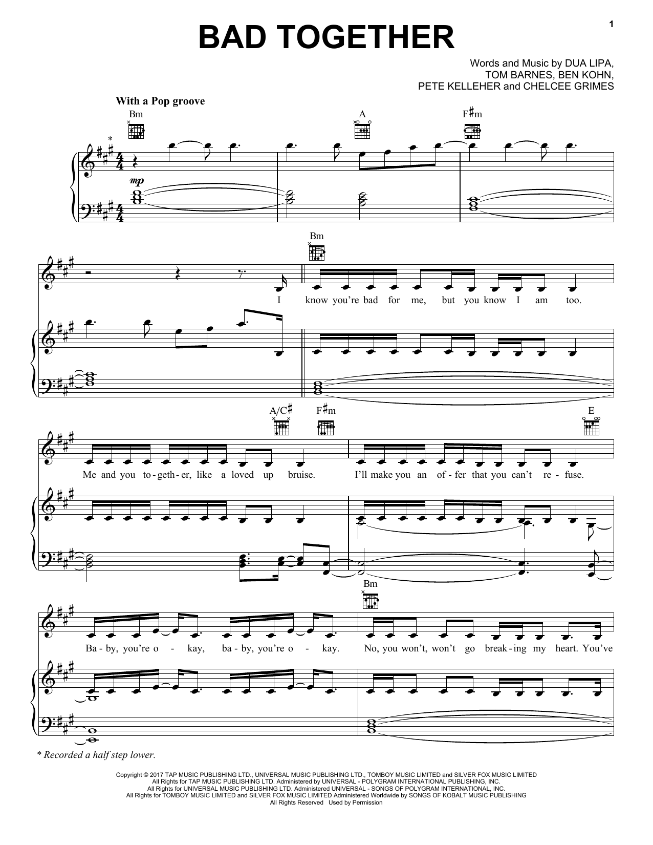 Dua Lipa Bad Together sheet music notes and chords arranged for Piano, Vocal & Guitar Chords (Right-Hand Melody)