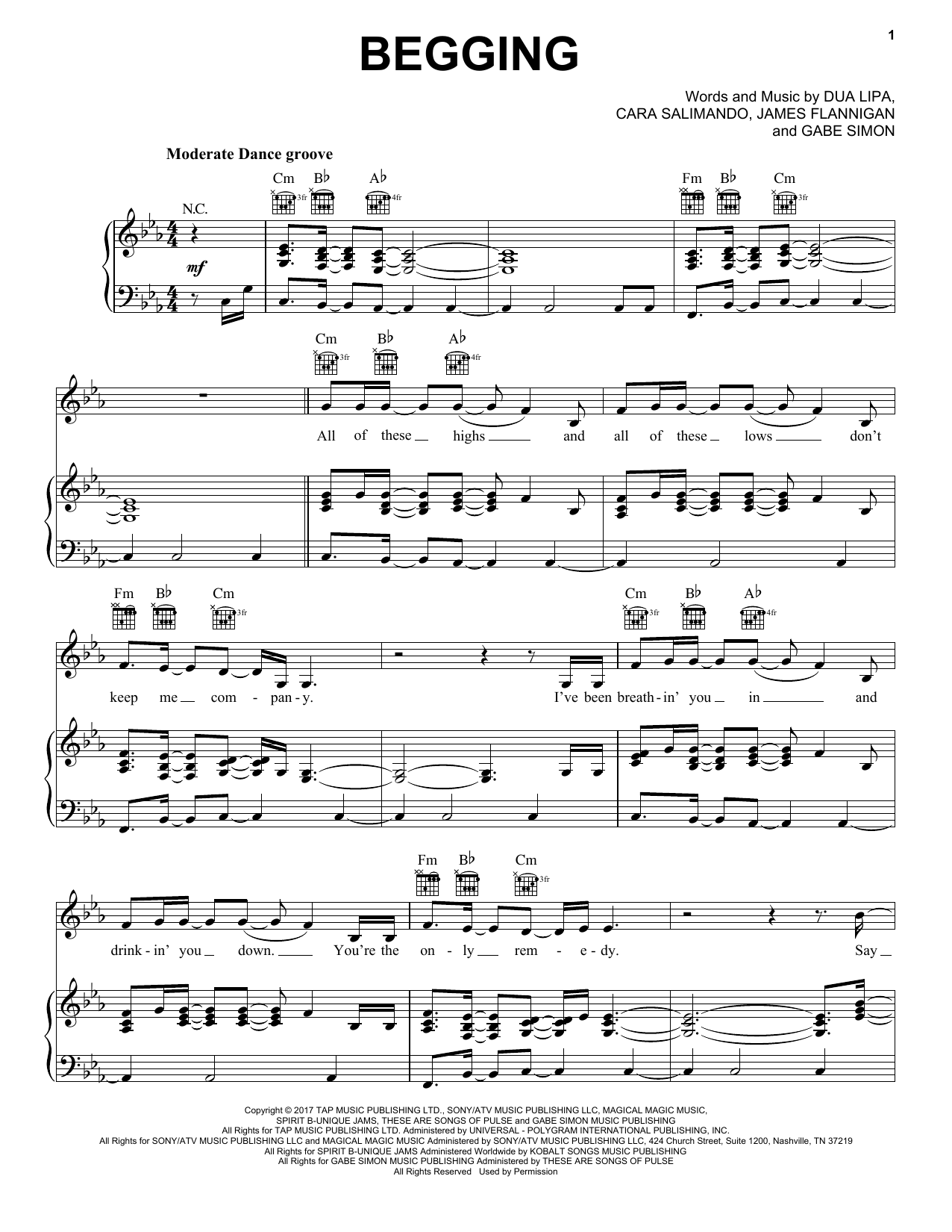 Dua Lipa Begging sheet music notes and chords arranged for Piano, Vocal & Guitar Chords (Right-Hand Melody)