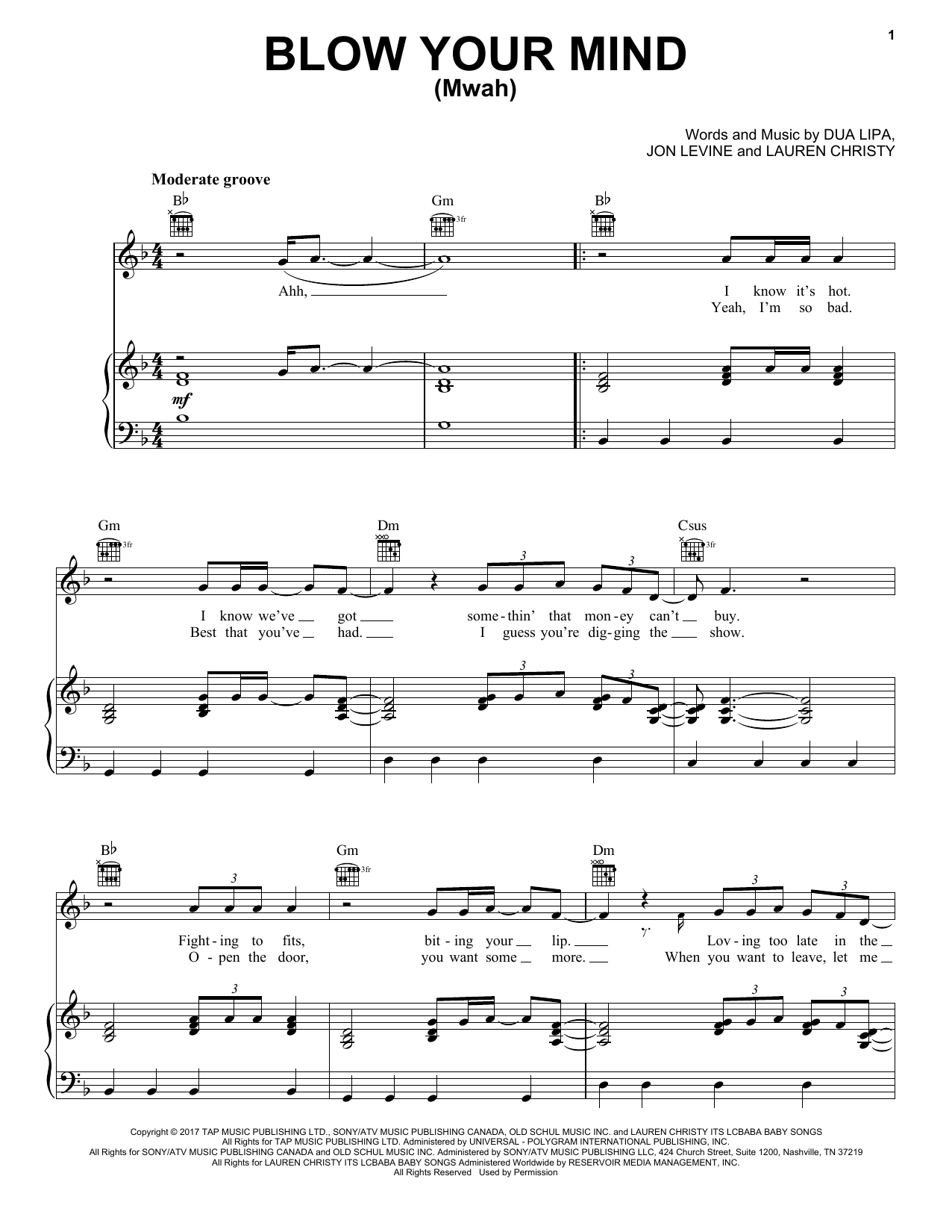 Dua Lipa Blow Your Mind (Mwah) sheet music notes and chords arranged for Piano, Vocal & Guitar Chords (Right-Hand Melody)
