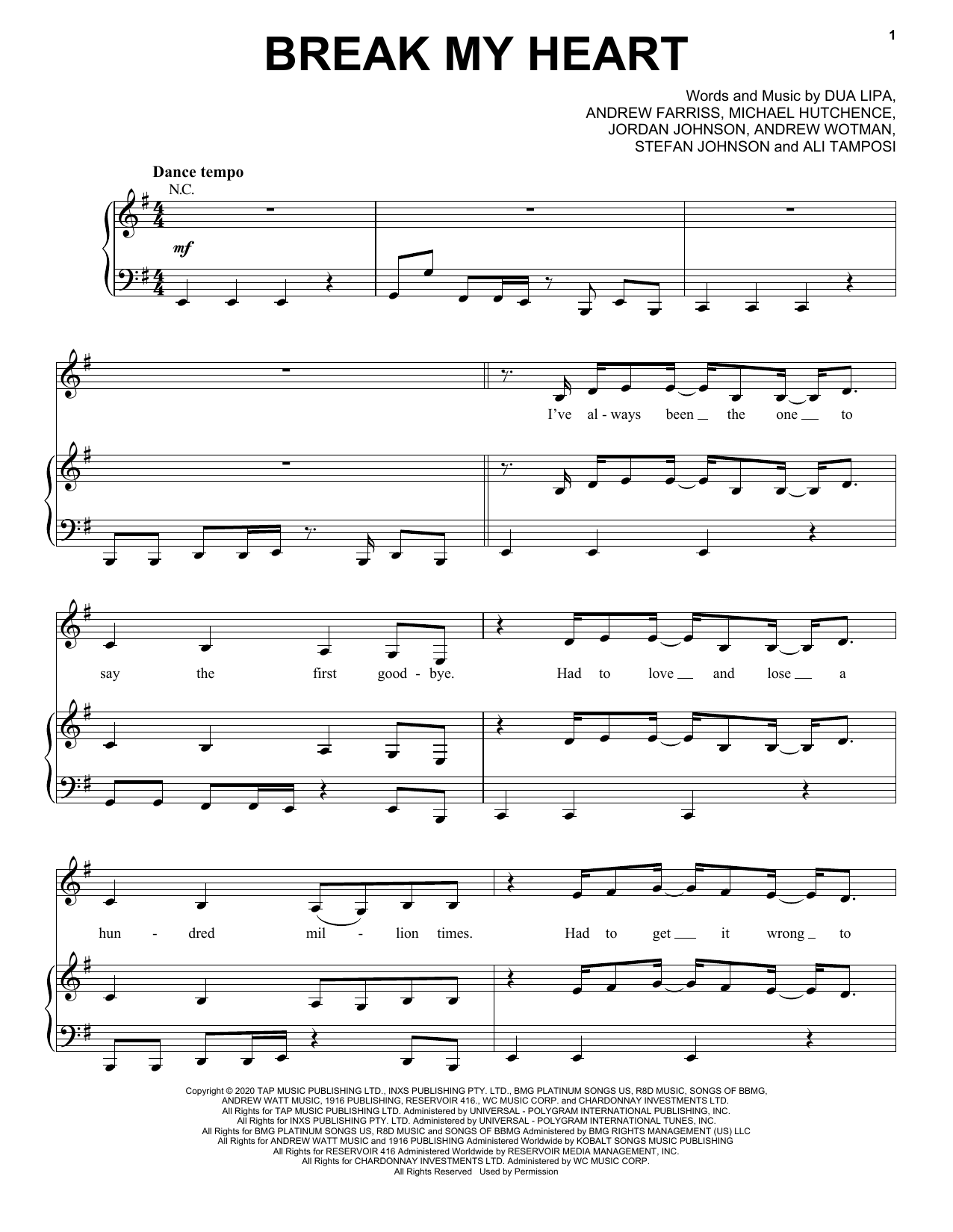 Dua Lipa Break My Heart sheet music notes and chords arranged for Piano, Vocal & Guitar Chords (Right-Hand Melody)