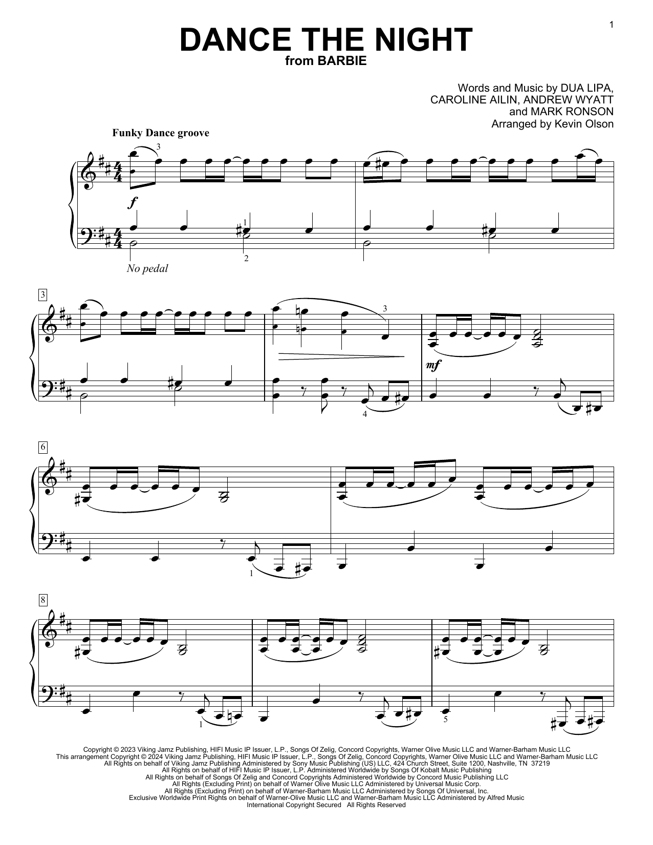 Dua Lipa Dance The Night (from Barbie) (arr. Kevin Olson) sheet music notes and chords arranged for Easy Piano Solo