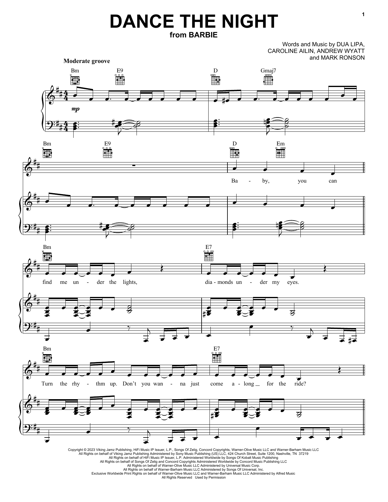 Dua Lipa Dance The Night (from Barbie The Album) sheet music notes and chords arranged for Piano, Vocal & Guitar Chords (Right-Hand Melody)