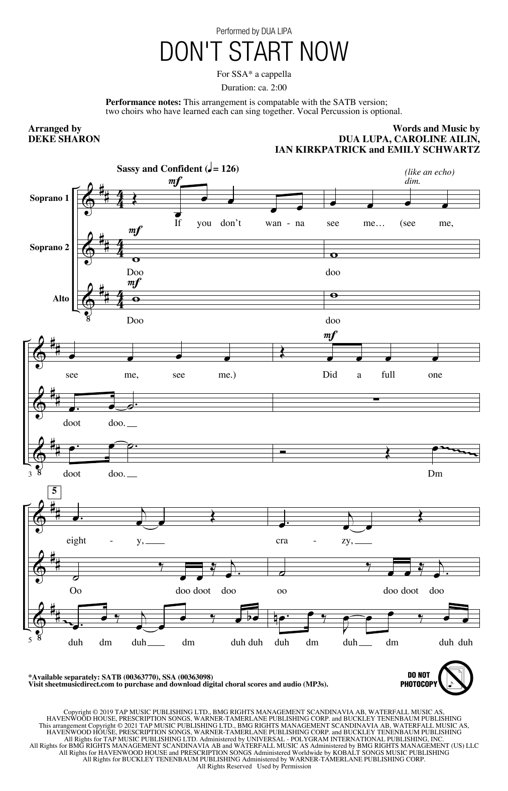 Dua Lipa Don't Start Now (arr. Deke Sharon) sheet music notes and chords arranged for SSA Choir