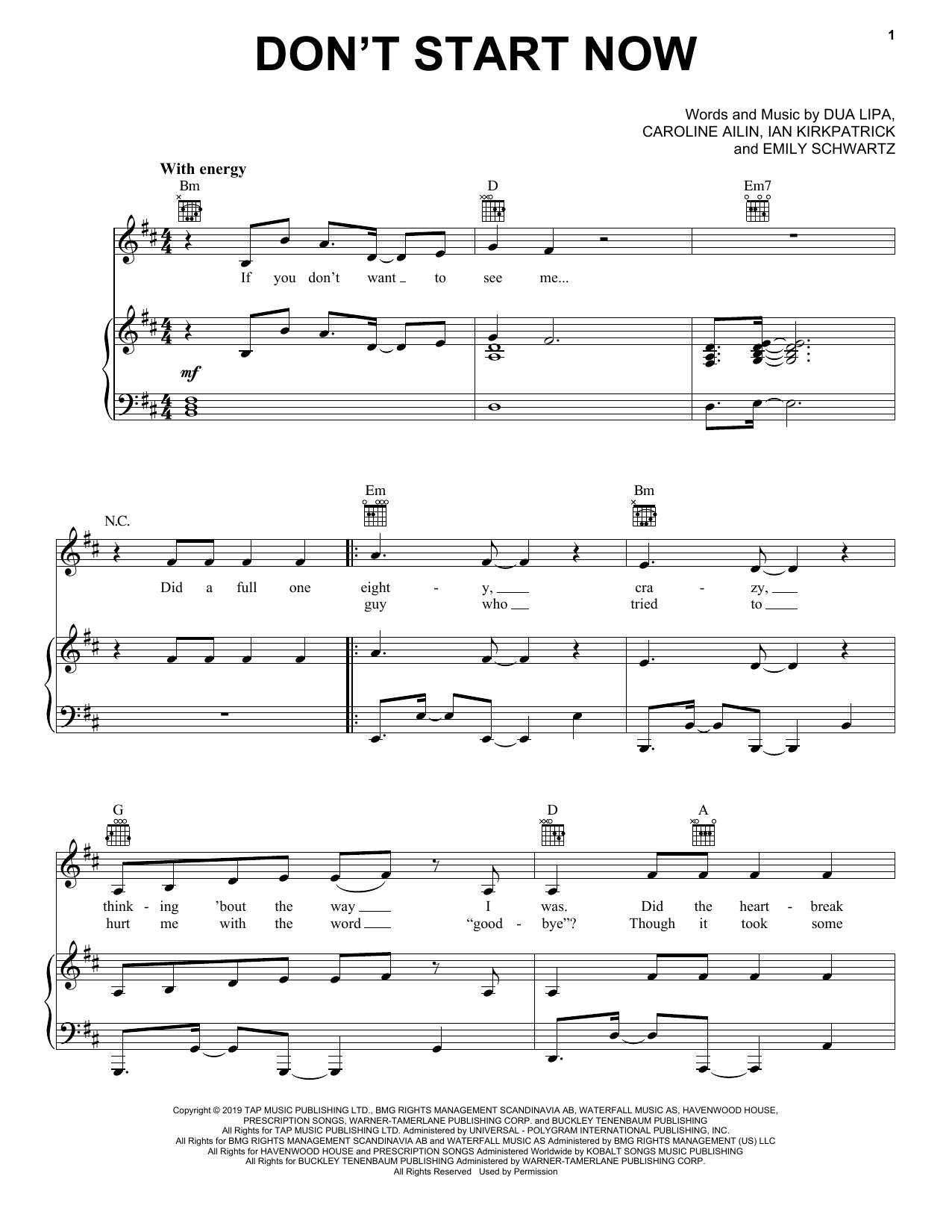Dua Lipa Don't Start Now sheet music notes and chords arranged for Easy Piano