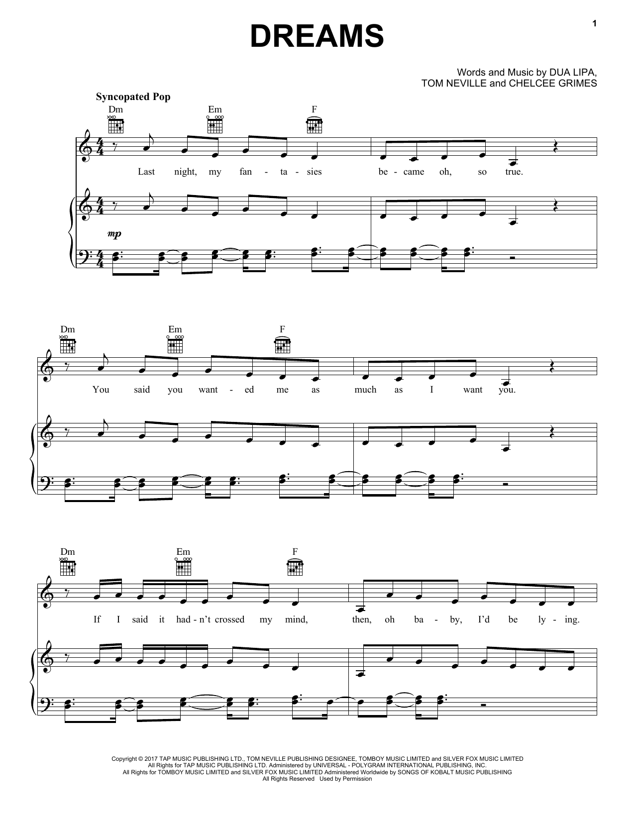 Dua Lipa Dreams sheet music notes and chords arranged for Piano, Vocal & Guitar Chords (Right-Hand Melody)