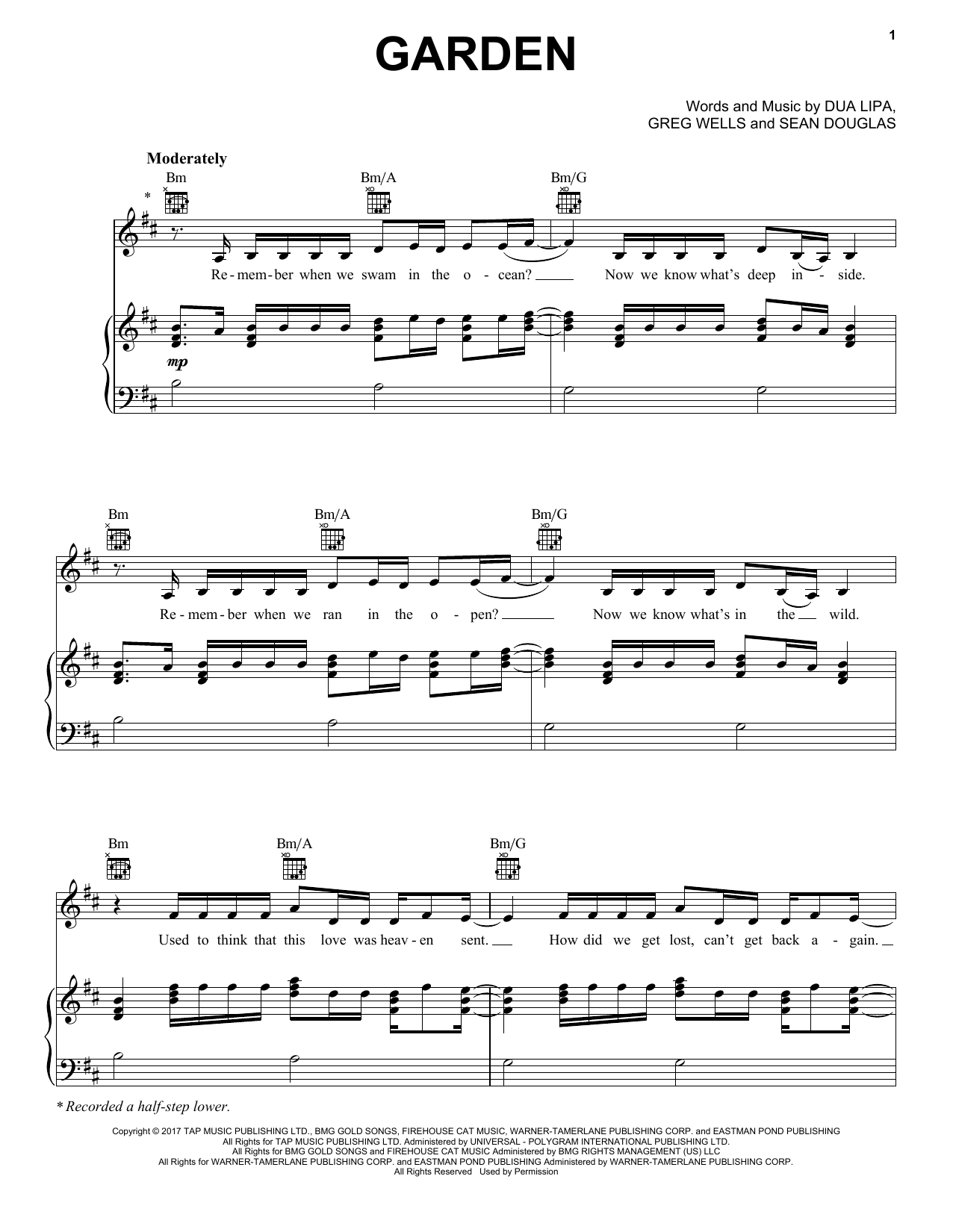 Dua Lipa Garden sheet music notes and chords arranged for Piano, Vocal & Guitar Chords (Right-Hand Melody)